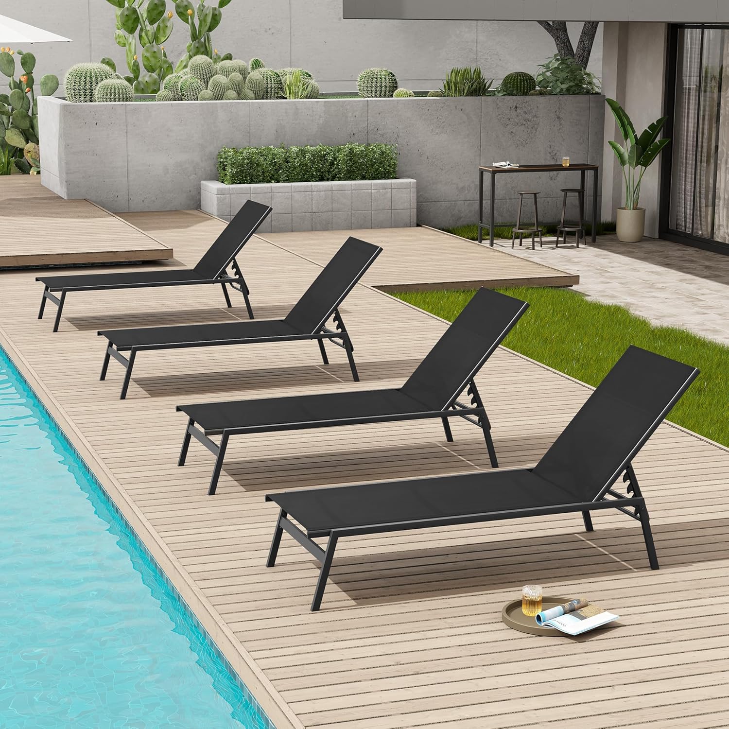 Crestlive Products Stackable Outdoor Chaise Lounge Chairs Set of 4 with 5-Position Adjustable Back for Patio, Beach, Yard, Pool (Black)