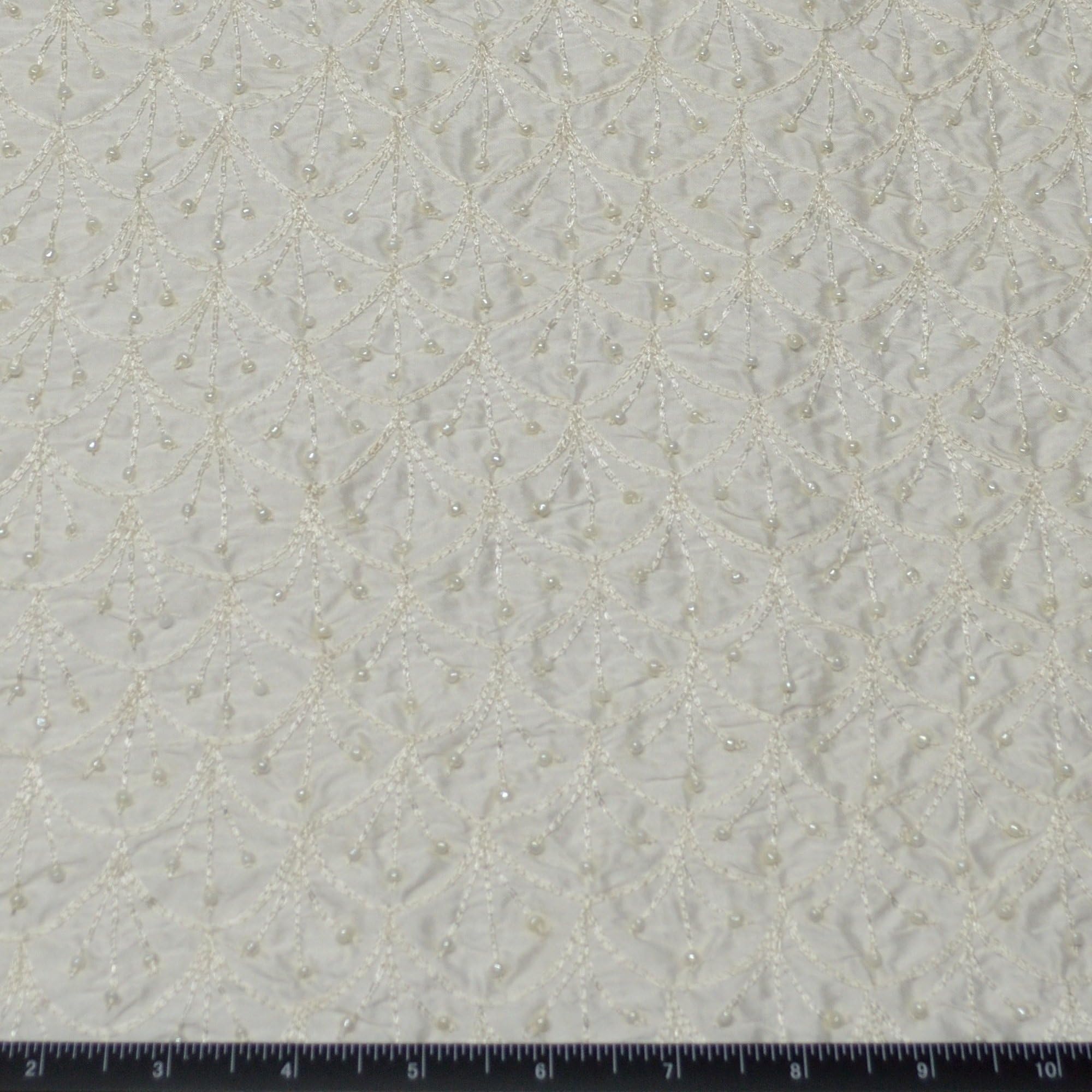 Ivory Shantung Dupioni Bridal Embroidery with Beads, 100% Silk Fabric, By The Yard, 44" Wide