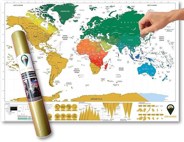 Global Walkabout Scratch Off Map with colours background  Deluxe Travel Size World Map Poster  Countries and Facts  Travel Gift (White)