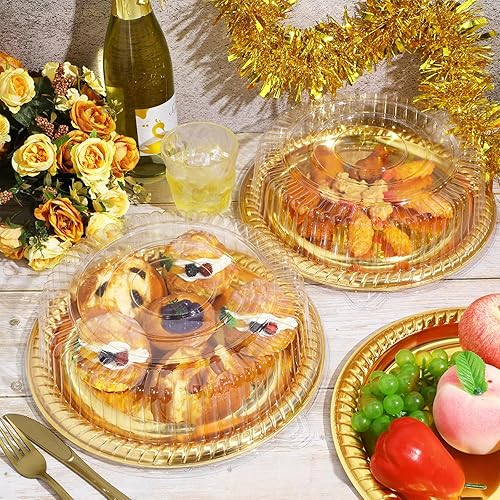 Miniatura 4 de Nitial 24 bandejas de plástico para servir con tapa, platos grandes de fiesta de 12 pulgadas con tapas transparentes, bandejas doradas, redondas,