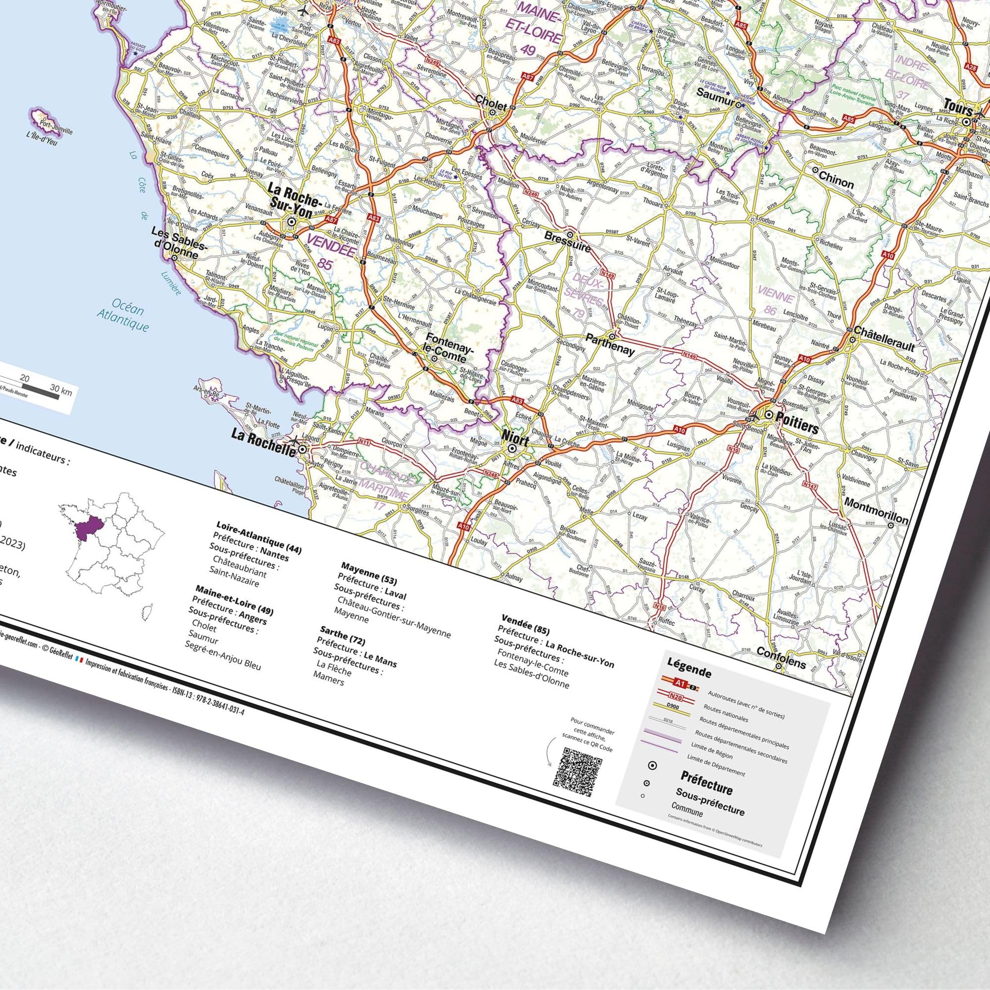 Carte routière de la région Pays de la Loire - Poster plastifié 100x70 cm - Édition 2026