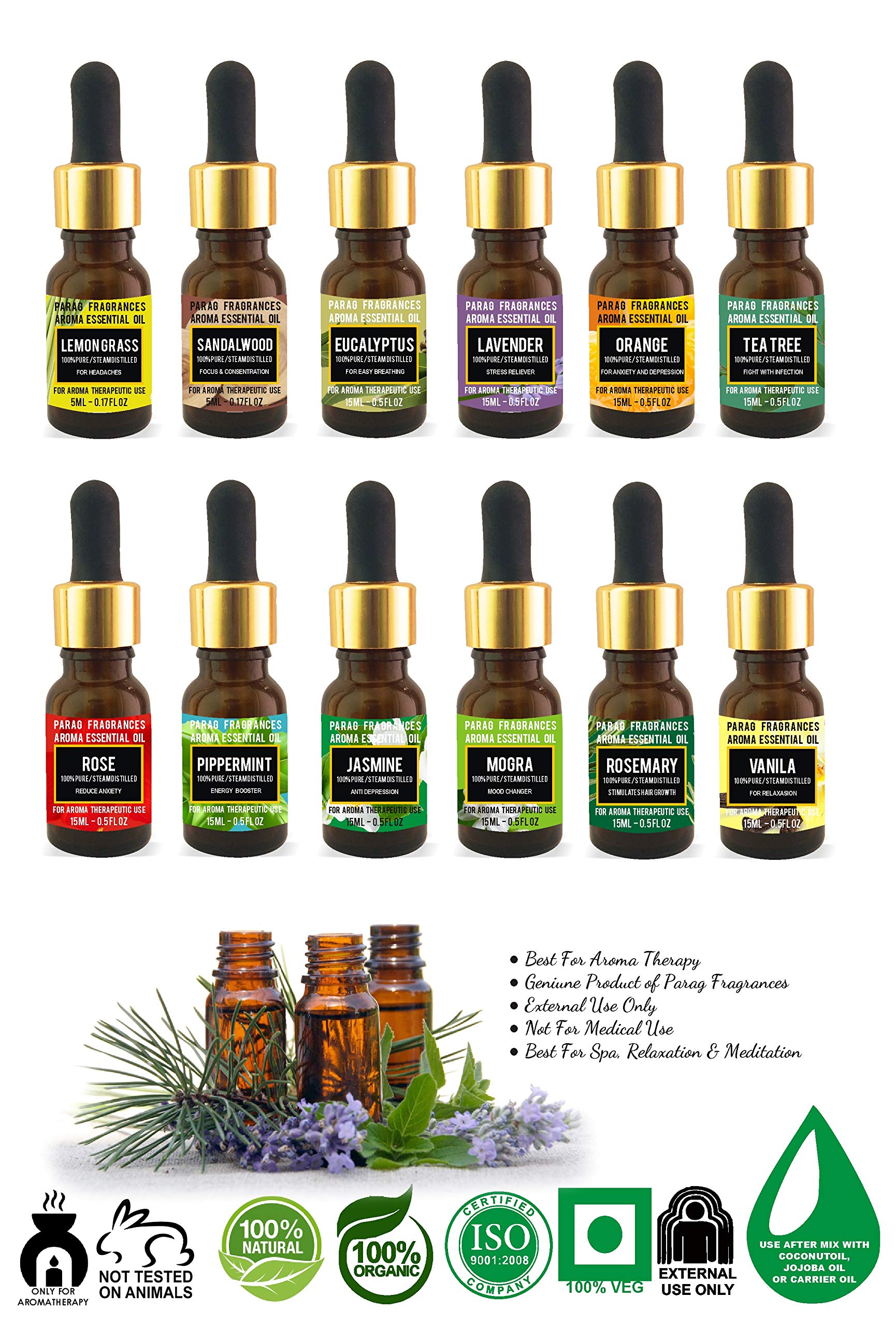 Parag Fragrances Flowers & Herbal Essential Oils 12 in 1 Pack of Lemongrass, Teatree, Lavender, Lotus, Saffron, Rajnigandha, Rosemary, Champa, Kewda, Night Queen, Jasmine & Rose - Image 6 thumbnail