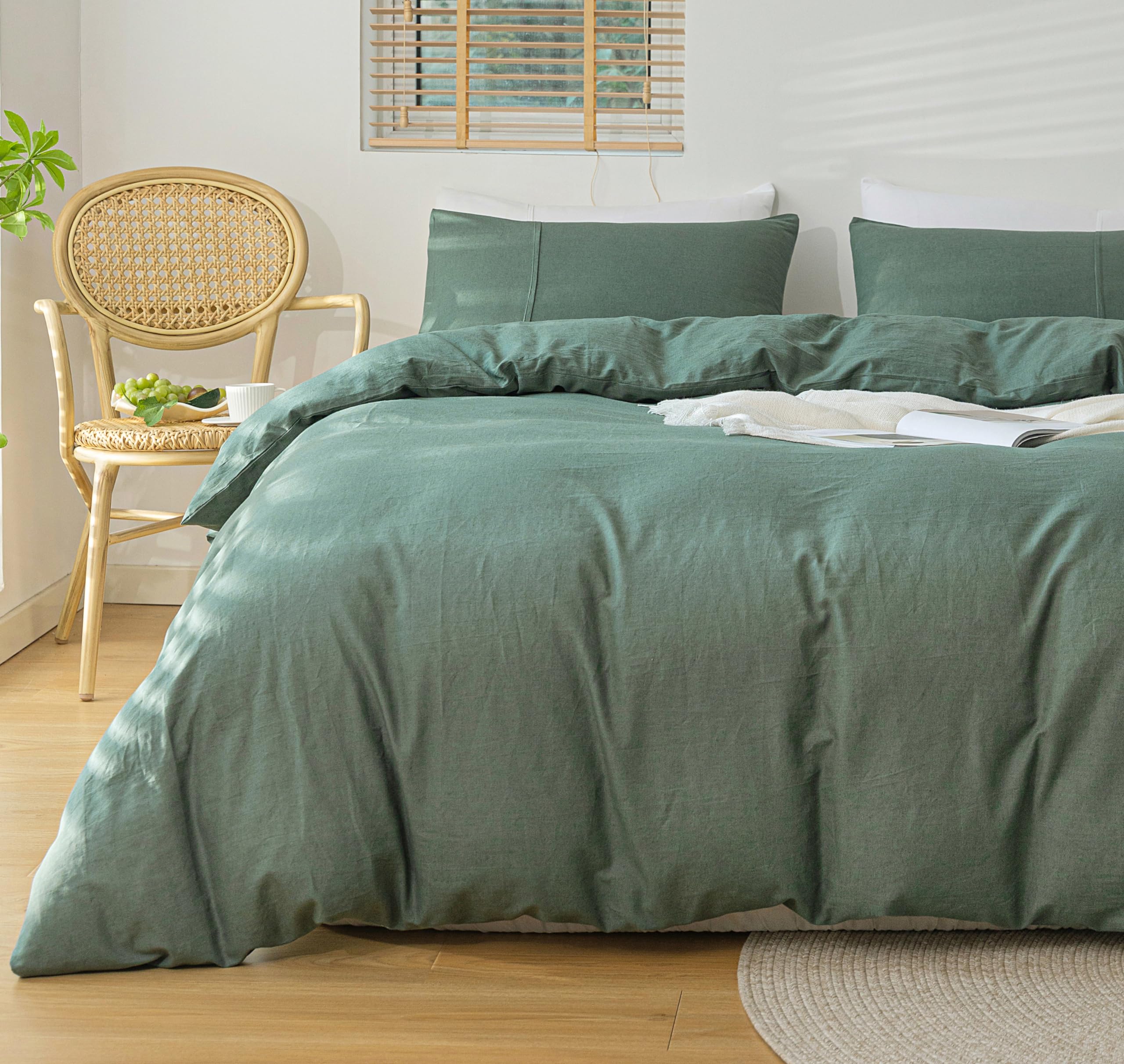 Levoo 100% リネンデュベカバー クイーンサイズ ソフト 快適 通気性 耐久性 寝具3点セット 掛け布団カバー1枚 リネン 枕カバー2枚 (クイーン、グリーン)