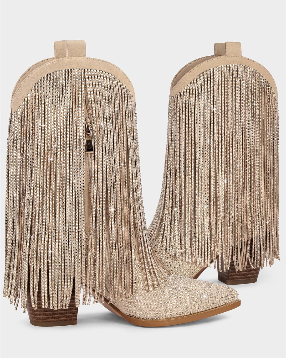 Ouepiano Cowboy Boots for Women - Cowgirl Rhinestone Boots with Sparkly Fringe Pointed Toe Western Boot Chunky Heel Pull-On Wide Calf Botas Vaqueras - Image 8