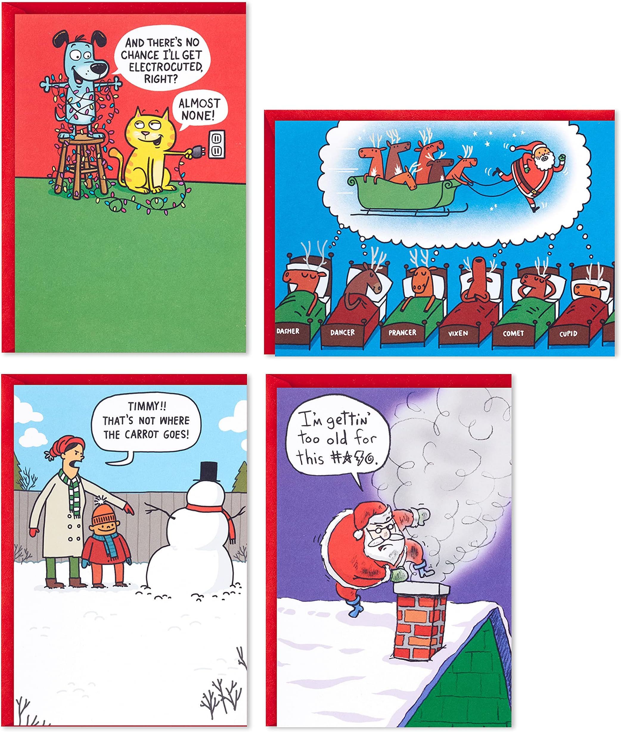 Hallmark Shoebox Funny Boxed Christmas Cards Assortment, Festive Cartoons (4 Designs, 24 Cards with Envelopes)