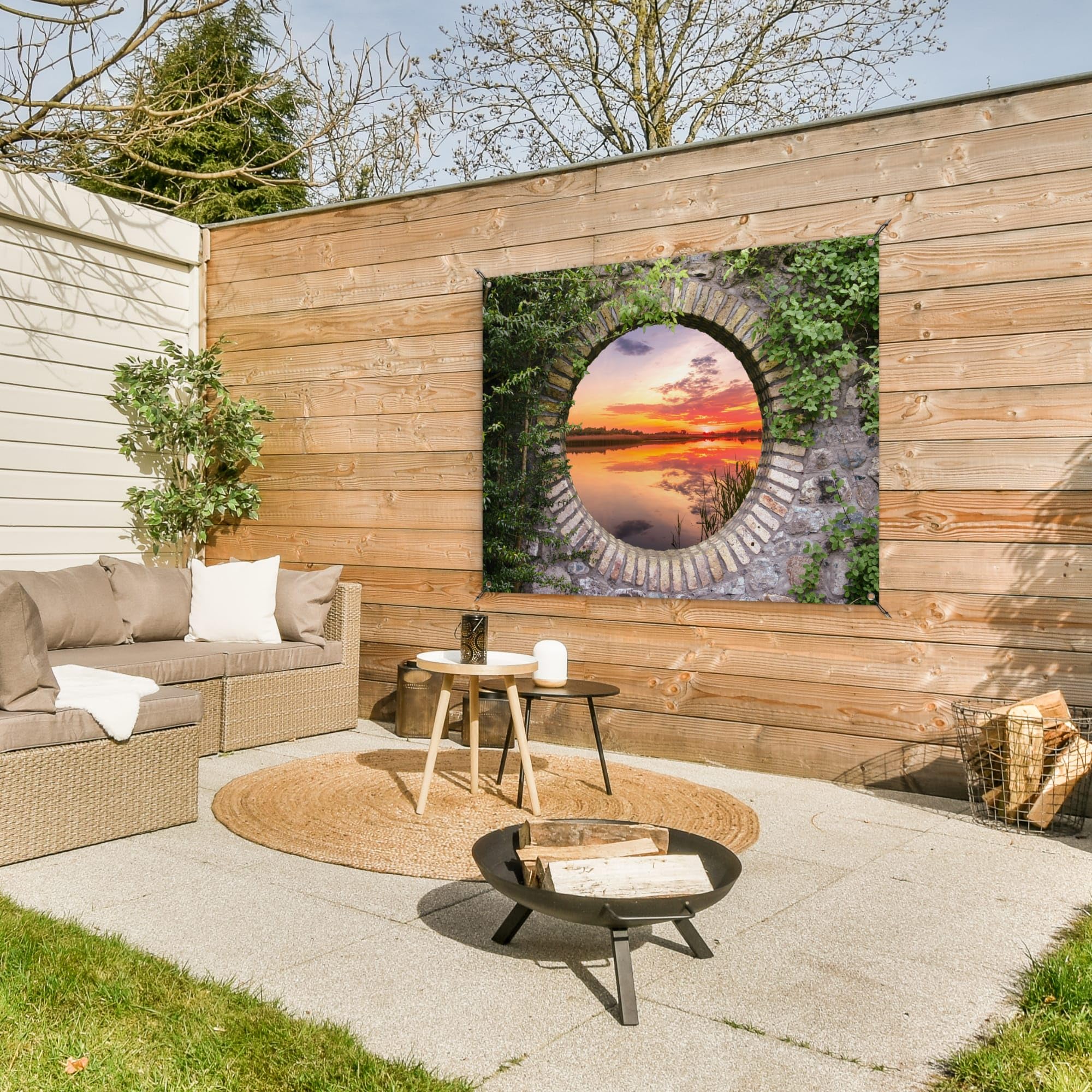 MuchoWow© Gartenposter Outdoor Bilder Gartendeko für draußen Wetterfest | 120x90 cm - Garten Deko Banner Sichtschutzmatte Draußen Bild Meer - Sonnenuntergang - Ausblick