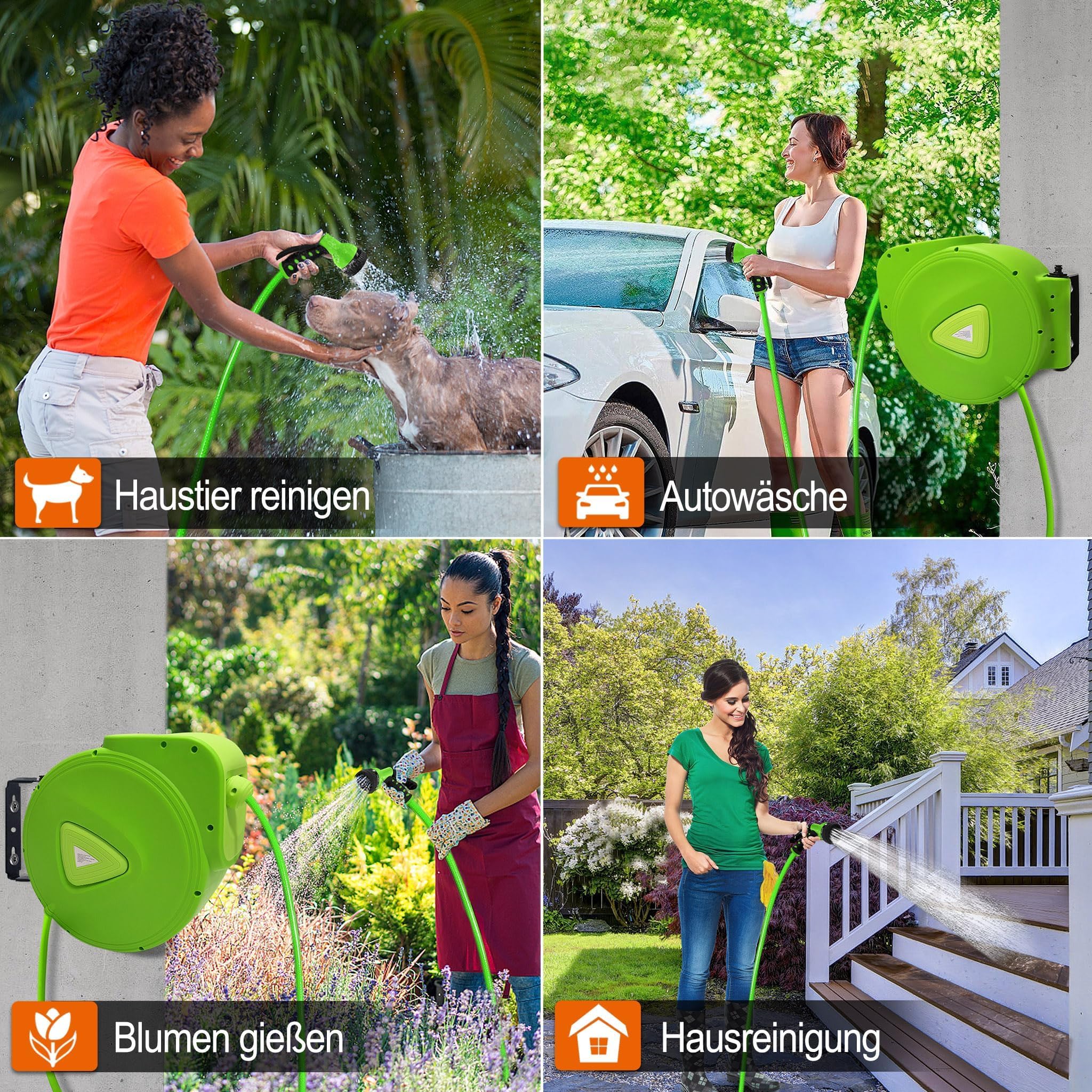 UISEBRT Avvolgitubo 30 + 2 m, Scatolone per Tubo da Giardino - Scatolone per Tubo Orientabile a 180° con Supporto a Parete, Tamburo Automatico per Tubo dell'Acqua per Giardino, Irrigazione, Lavaggio