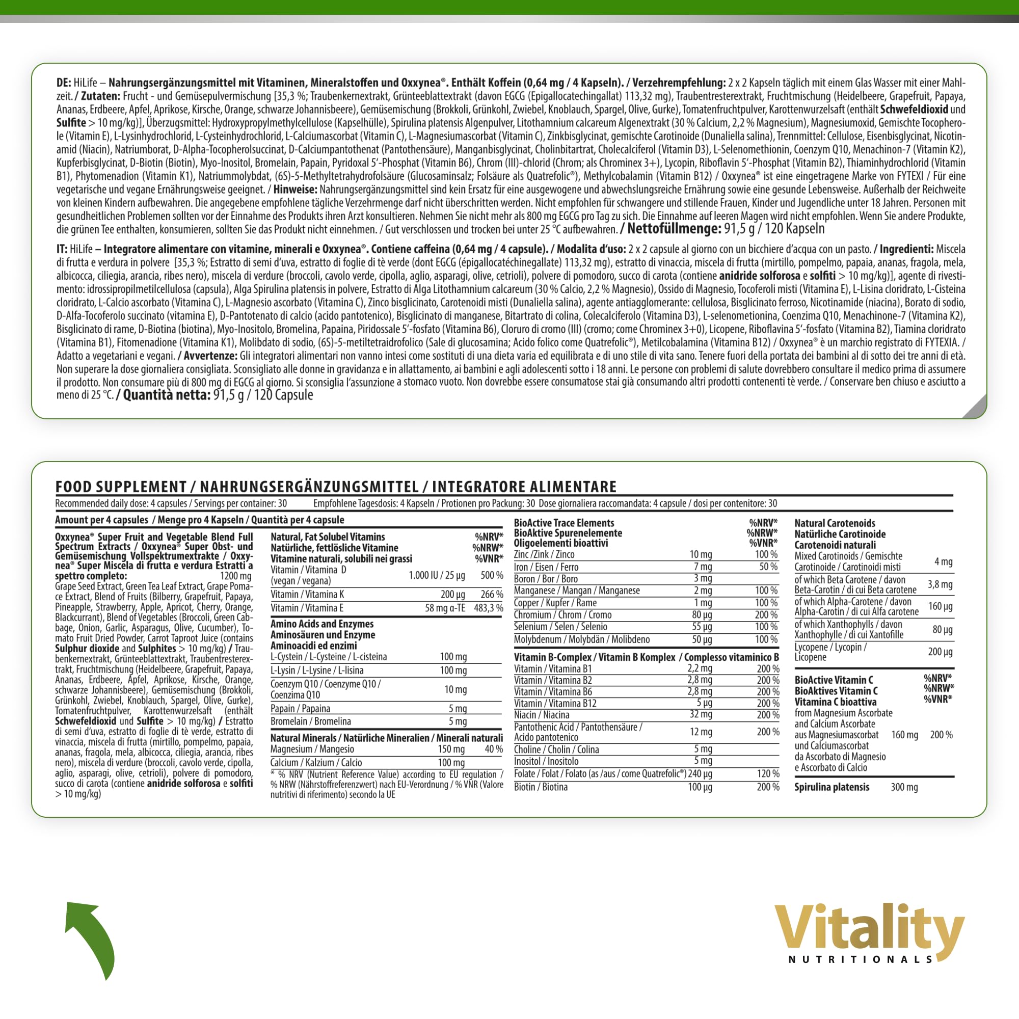 HiLife Multivitamin Kapseln Hochdosiert aus 21 Obst- und Gemüse-Sorten I Vitamine, Mineralstoffe, Spurenelemente, Immunsystem stärken I Vitality Nutritionals by Vitaminexpress
