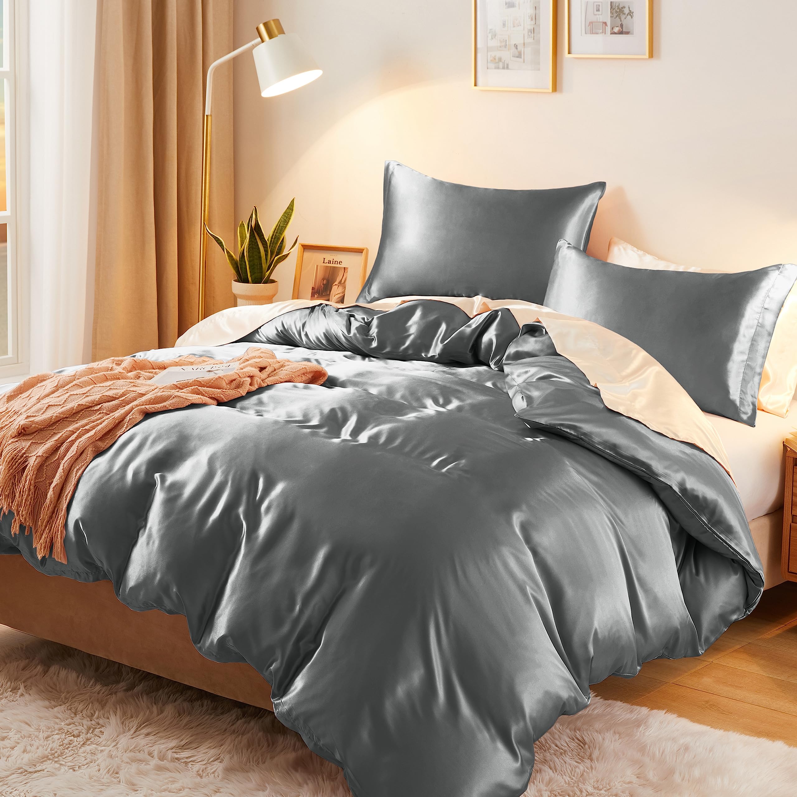 Vonty 3-Piece Silky Satin Duvet Cover Set Full/Queen Size Duvet Cover, Organic Natural 400TC Grey Duvet Cover Set - Luxury & Sexy Bedding Duvet Covers with Zipper Closure(No Comforter)