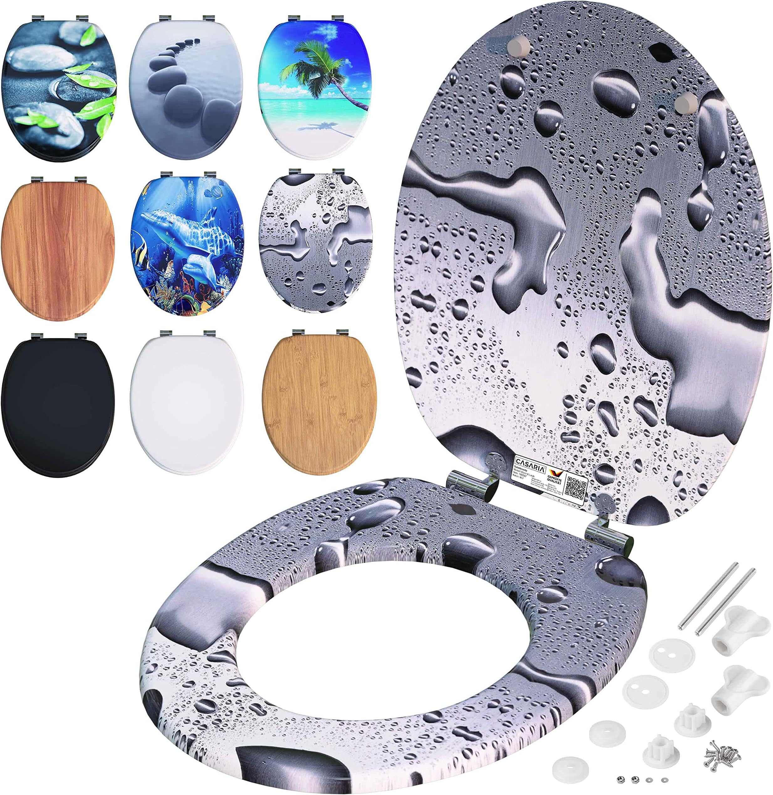 Casaria Toilet Seat Double Soft-Close Mechanism MDF Wooden Core Hygienic Rustproof Hinges 175 kg Bathroom Toilet Seat Waterdrops