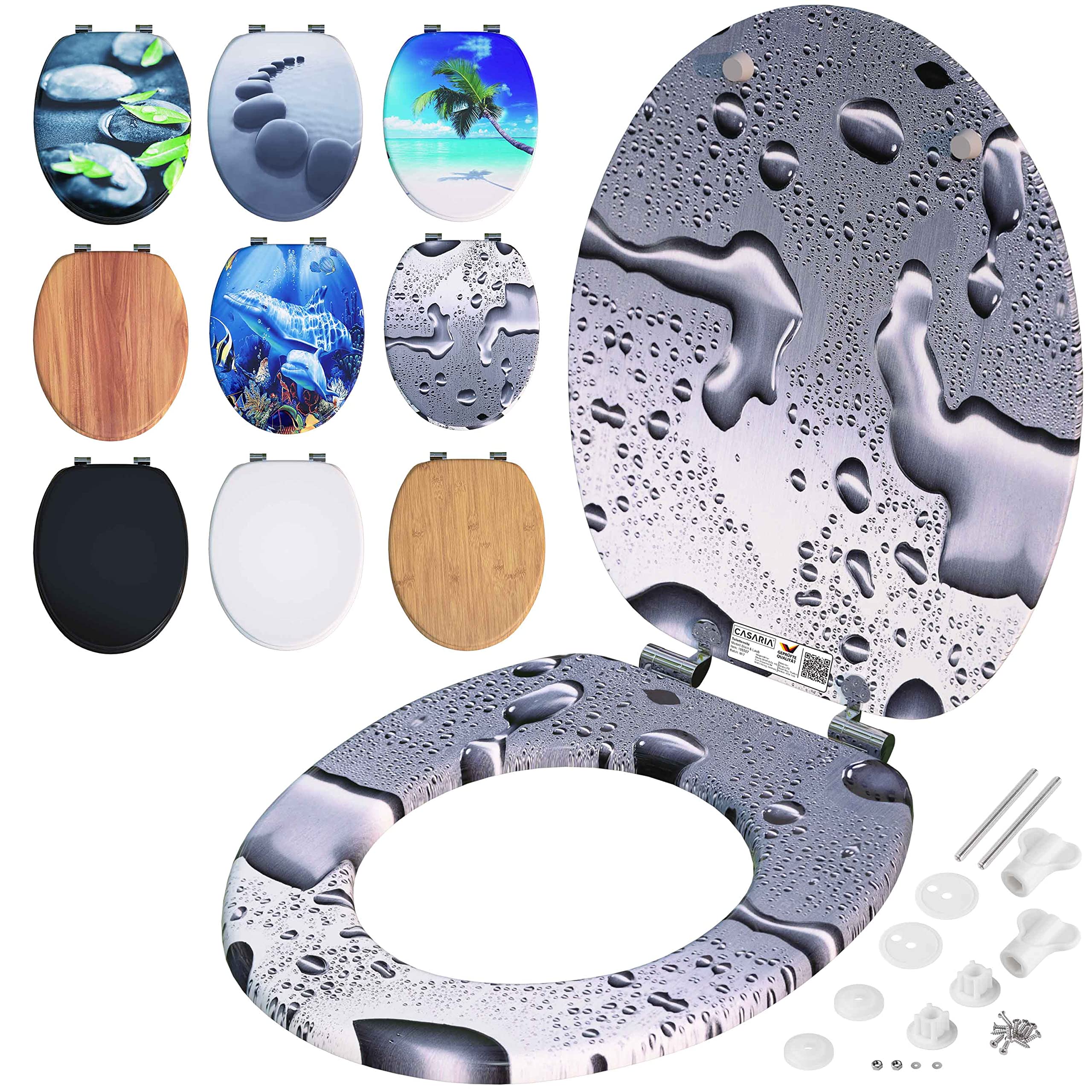 Casaria Toilet Seat Double Soft-Close Mechanism MDF Wooden Core Hygienic Rustproof Hinges 175 kg Bathroom Toilet Seat Waterdrops