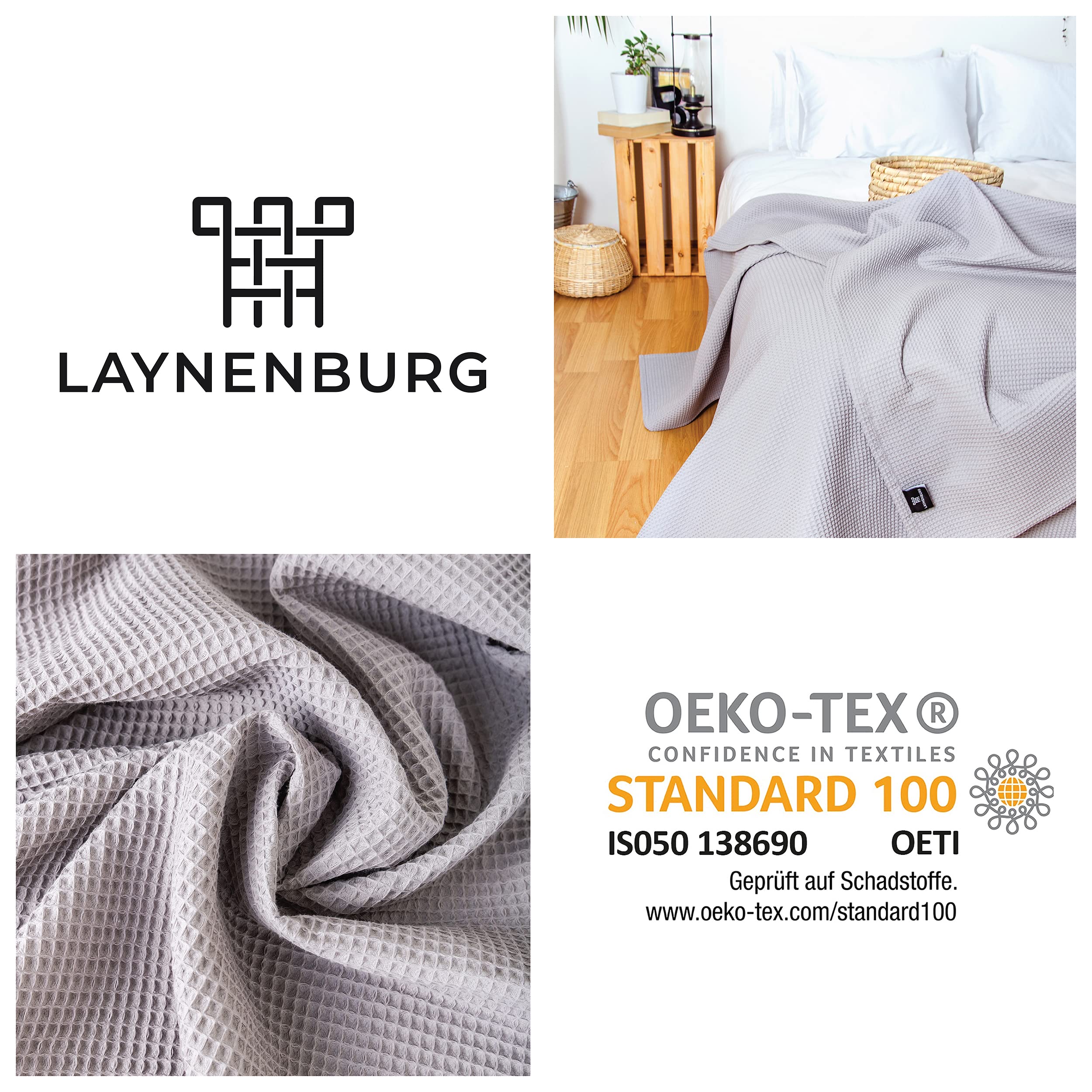 LAYNENBURG narzuta klasy premium, 240 x 260 cm (rozmiar XXL), 100% bawełny o strukturze waflowej, lekkie nakrycie letnie, bawełniana narzuta na łóżko, sofę, szara