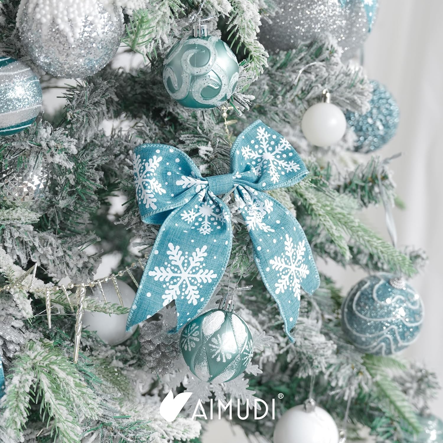 AIMUDI Blue Christmas Bows for Wreaths 6" Xmas Snowflake Bows Burlap Bow for Christmas Trees Twist Tie Bows for Gift Wrapping Crafts Fireplaces Presents Winter New Year Decor, 12 PCs - Image 2