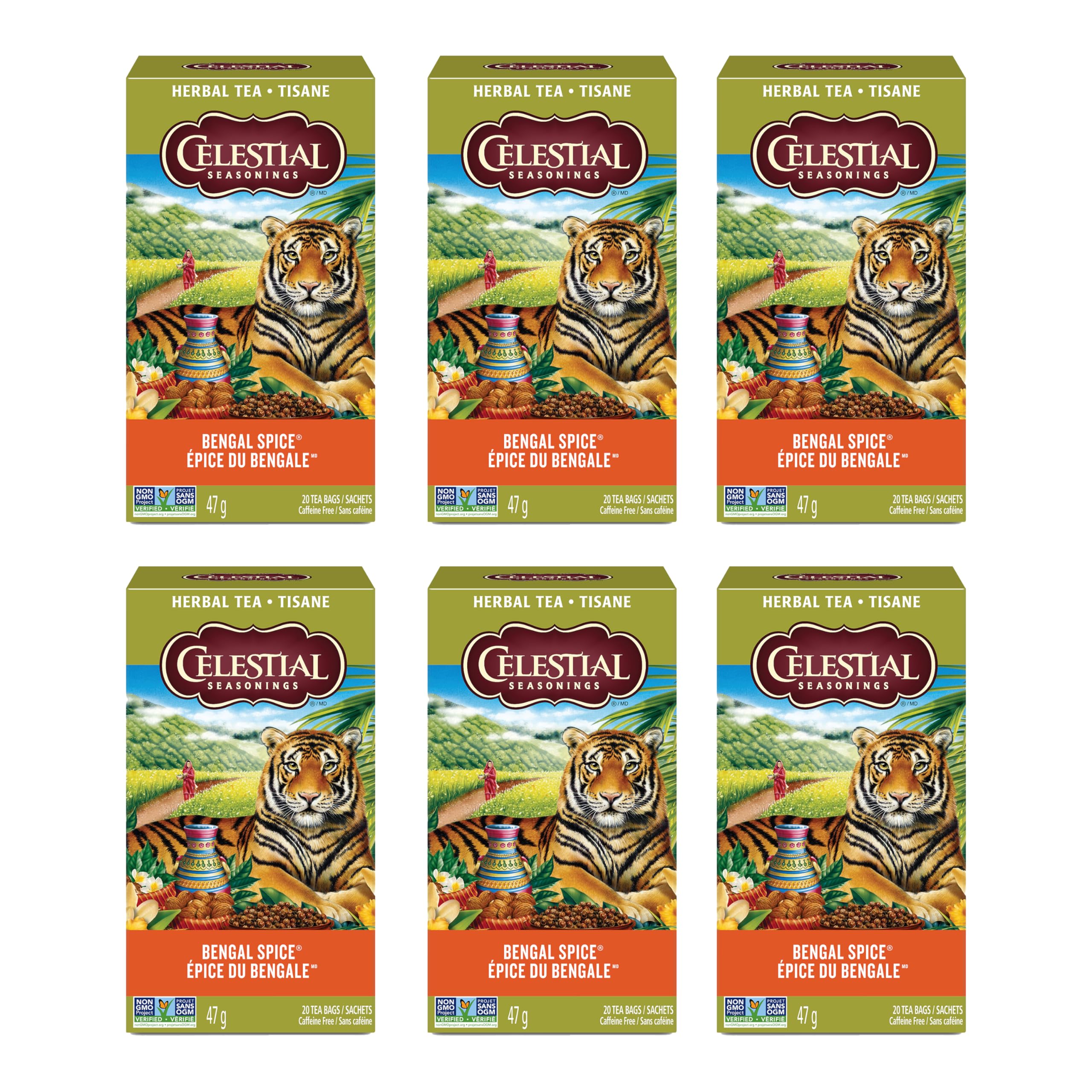 Celestial Seasonings Bengal Spice Herbal Tea, Caffeine Free, 20 Tea Bags Box, 6-Pack