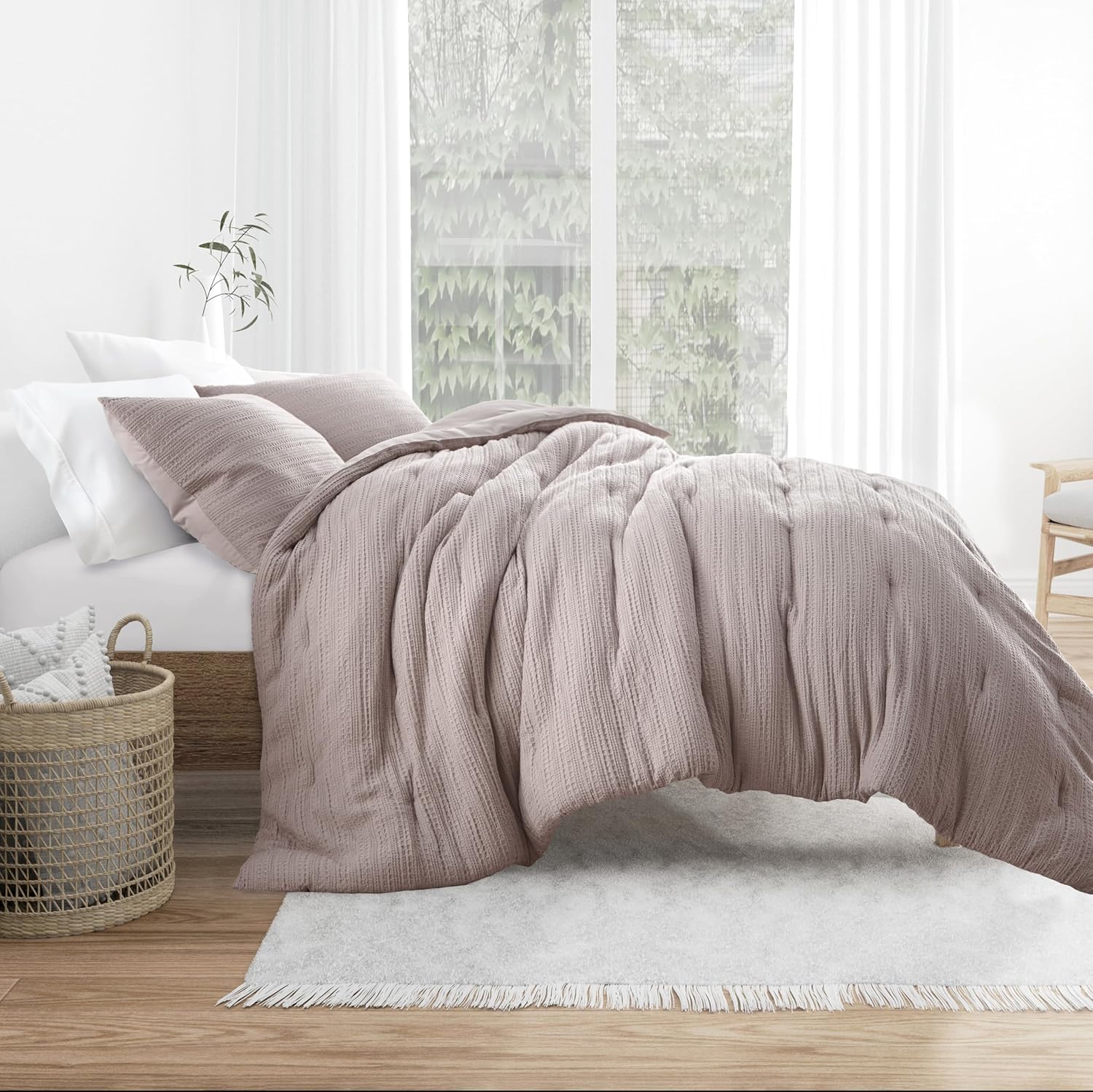 Merit Linens Waffle Textured 3 Piece Comforter Set All Season Down-Alternative Ultra Soft Bedding - Full/Queen Mauve