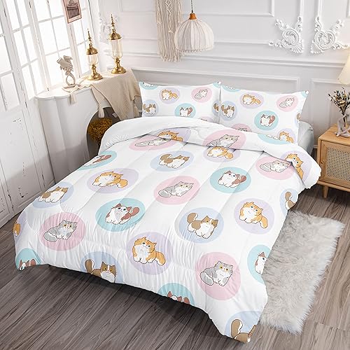 Miniatura 10 de Datura home Juego de ropa de cama de edredón de gato kawaii rosa para niñas, bonito estampado de gatitos, con 1 y 2 fundas de almohada para