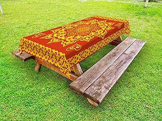 Ambesonne Mandala Outdoor Tablecloth, Oriental Round and Square Pointy Mongol Traditional, Decorative Washable Picnic Table Cloth, 58" X 104", Earth Yellow and Vermillion