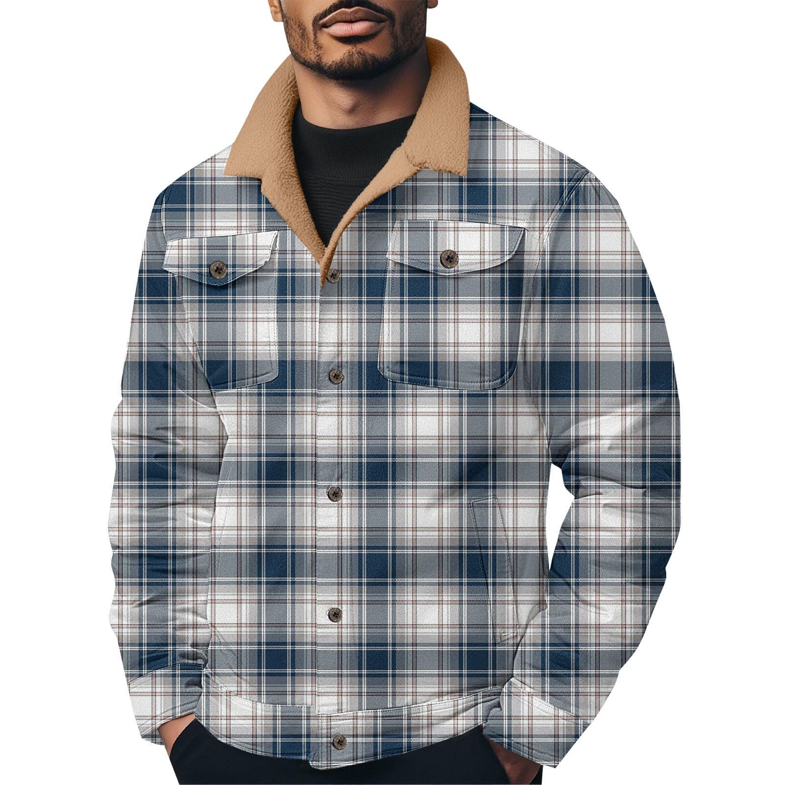Giacca in pile da uomo con colletto a quadri, giacca in pile a scacchi con bottoni, stile retrò, classico, trapuntata, termica, comoda, con tasche per il risvolto, per l'inverno