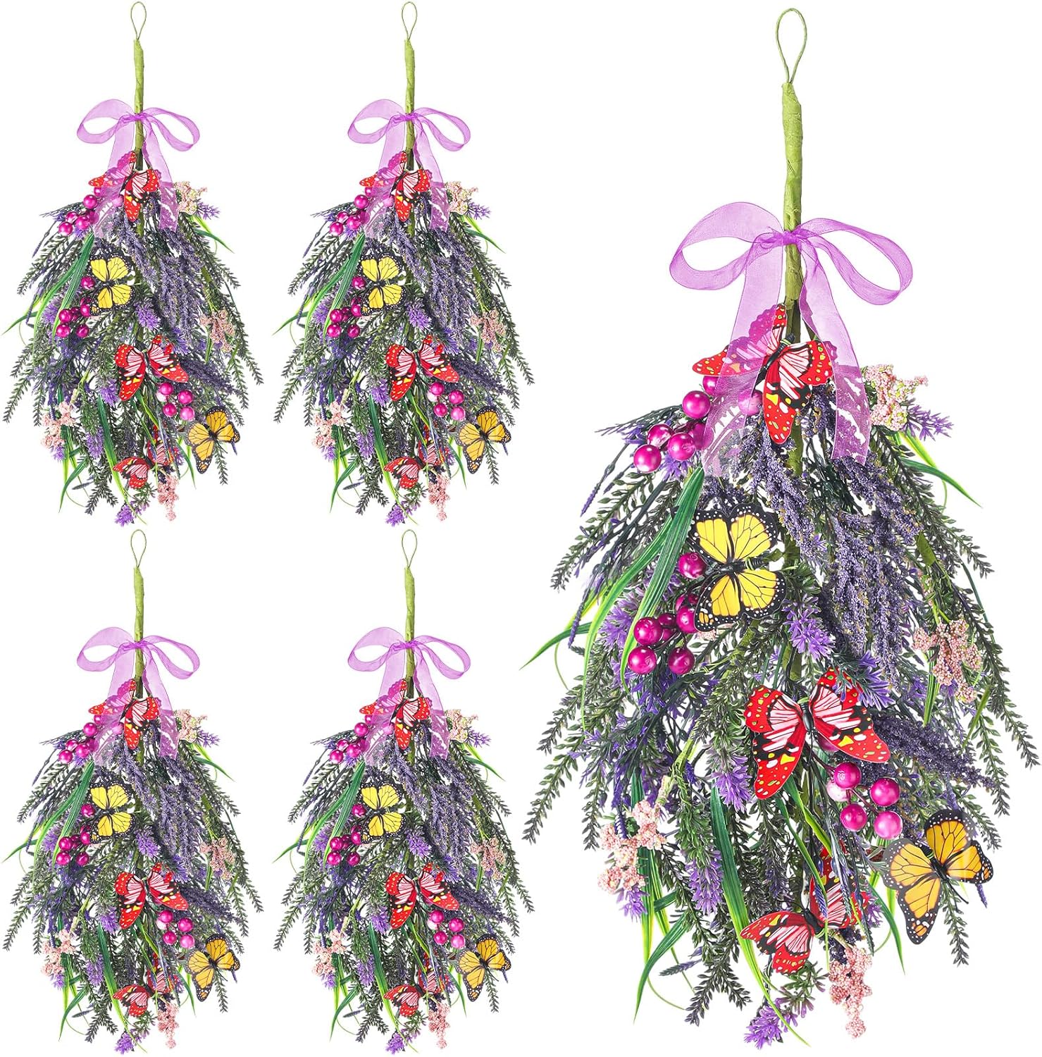 4 Pcs Summer Swags for Decorating Artificial Teardrop Wreaths for Front Door Farmhouse Teardrop Swag with Ribbon Flowers Wreaths for Wedding Porch Wall Window Cabinet Decor(Wildflower)