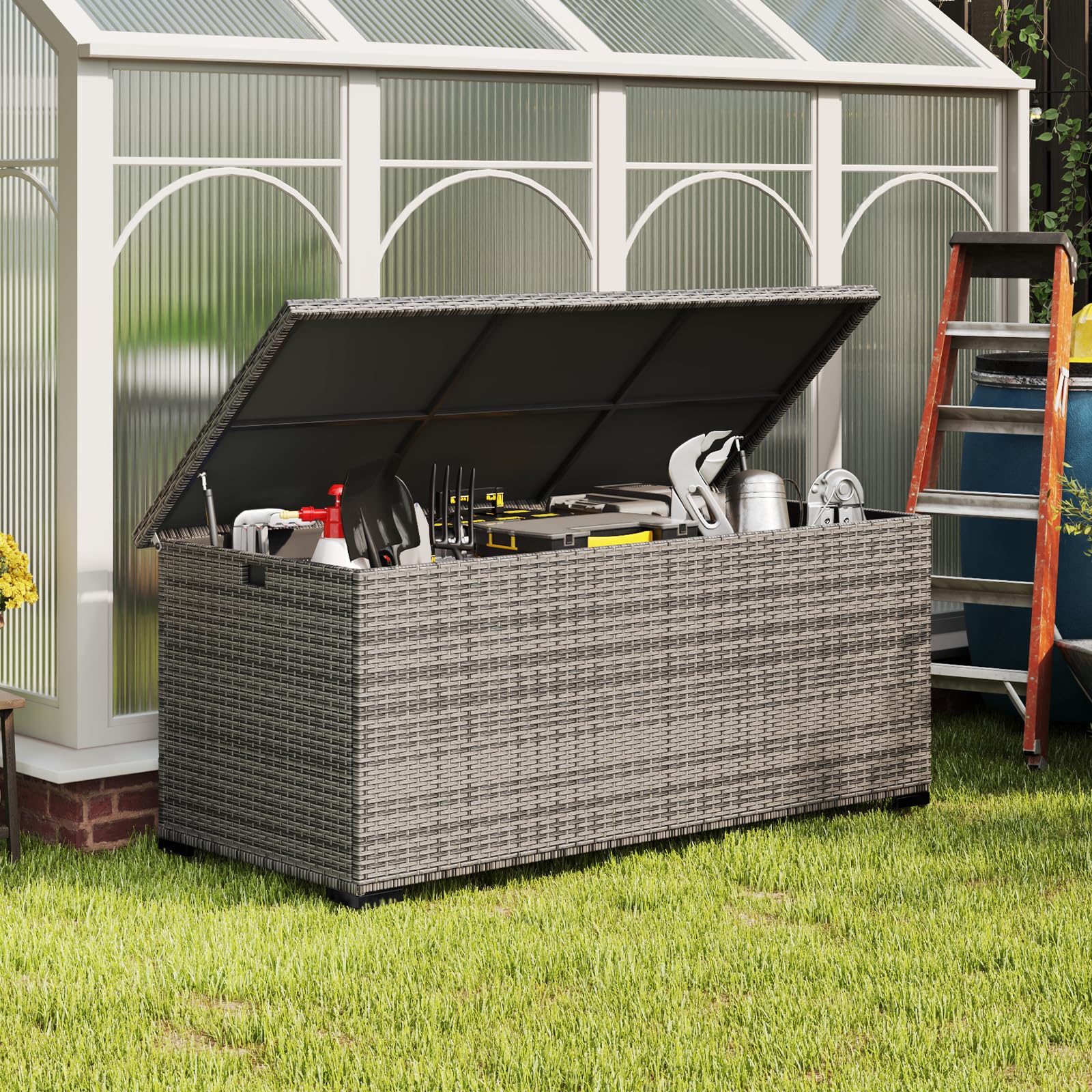 Amopatio Gartenbox Auflagenbox wasserdicht 650 Liter, Kissenbox outdoor aus Polyrattan, Aufbewahrungsbox Metall mit Gasdruckfedern, Gartenkiste wetterfest für Garten, Balkon, (Grau)