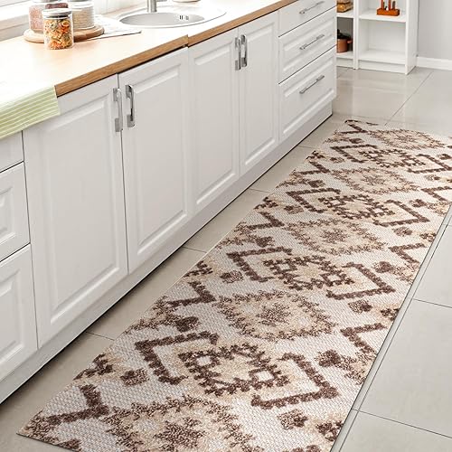 JONATHAN Y Neutral Diamond Kilim Indoor Outdoor Runner Rug 2X8 Brown/Ivory, Sumak High-Low Pile for Backyard, Patio, Porch, Easy-Cleaning, High