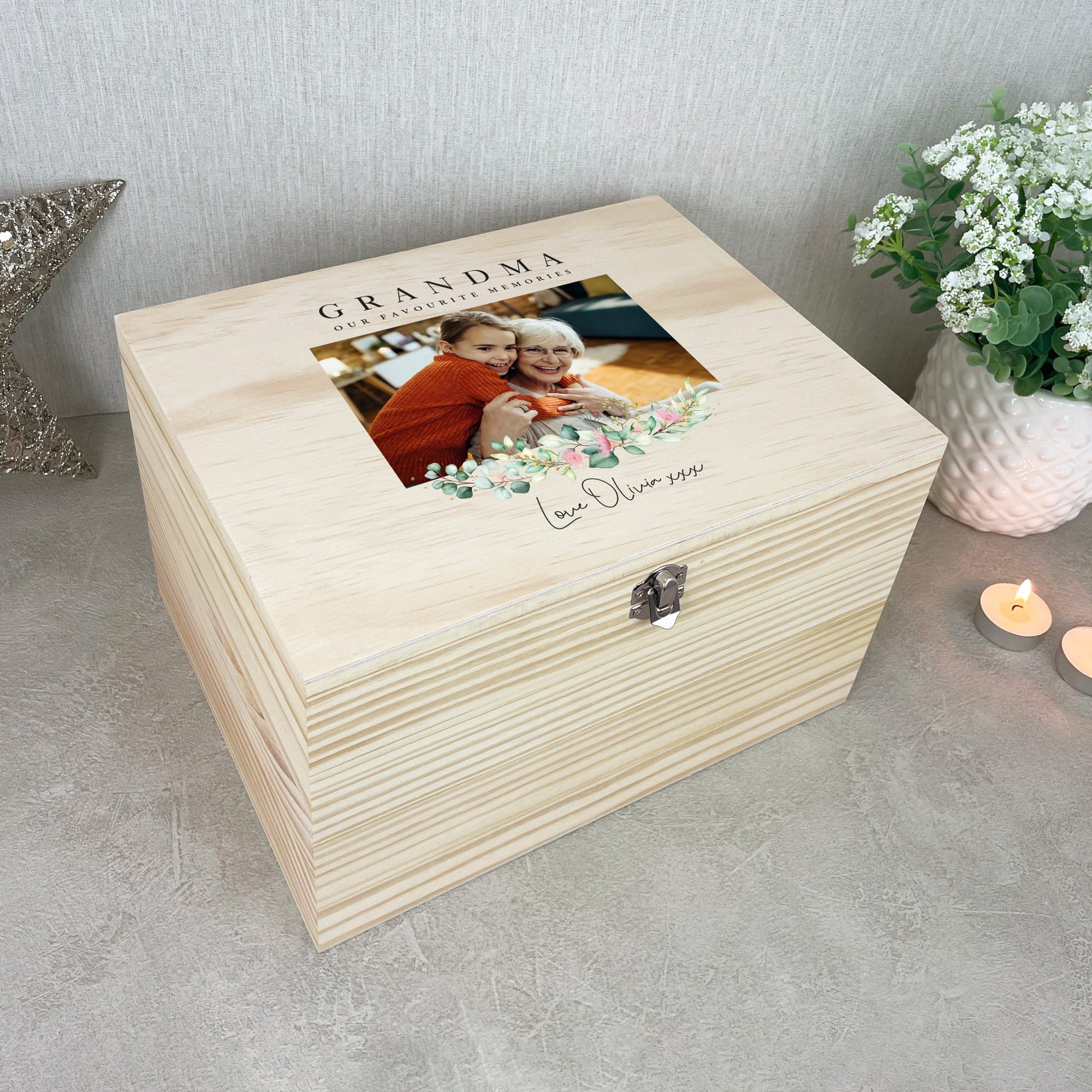 Caja de recuerdos personalizable con foto de pino floral | Duelo, Día de la Madre, regalo de aniversario | 26 x 18,9 x 15,5 cm