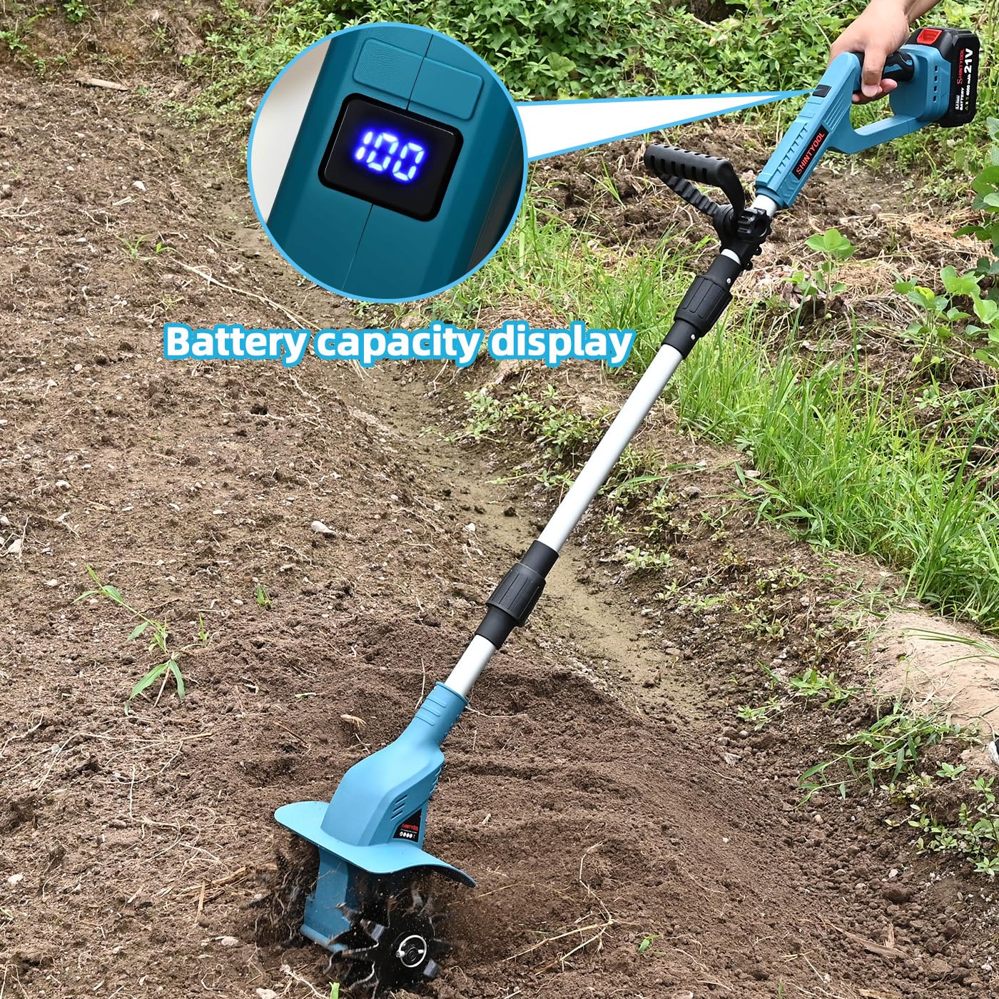 Cultivador inalámbrico de 21 V, 8 pulgadas de ancho y 4.0 Ah, cultivador de jardín con púas de acero y pantalla de capacidad de batería, roottiller para césped, jardinería, cultivo de suelo (azul