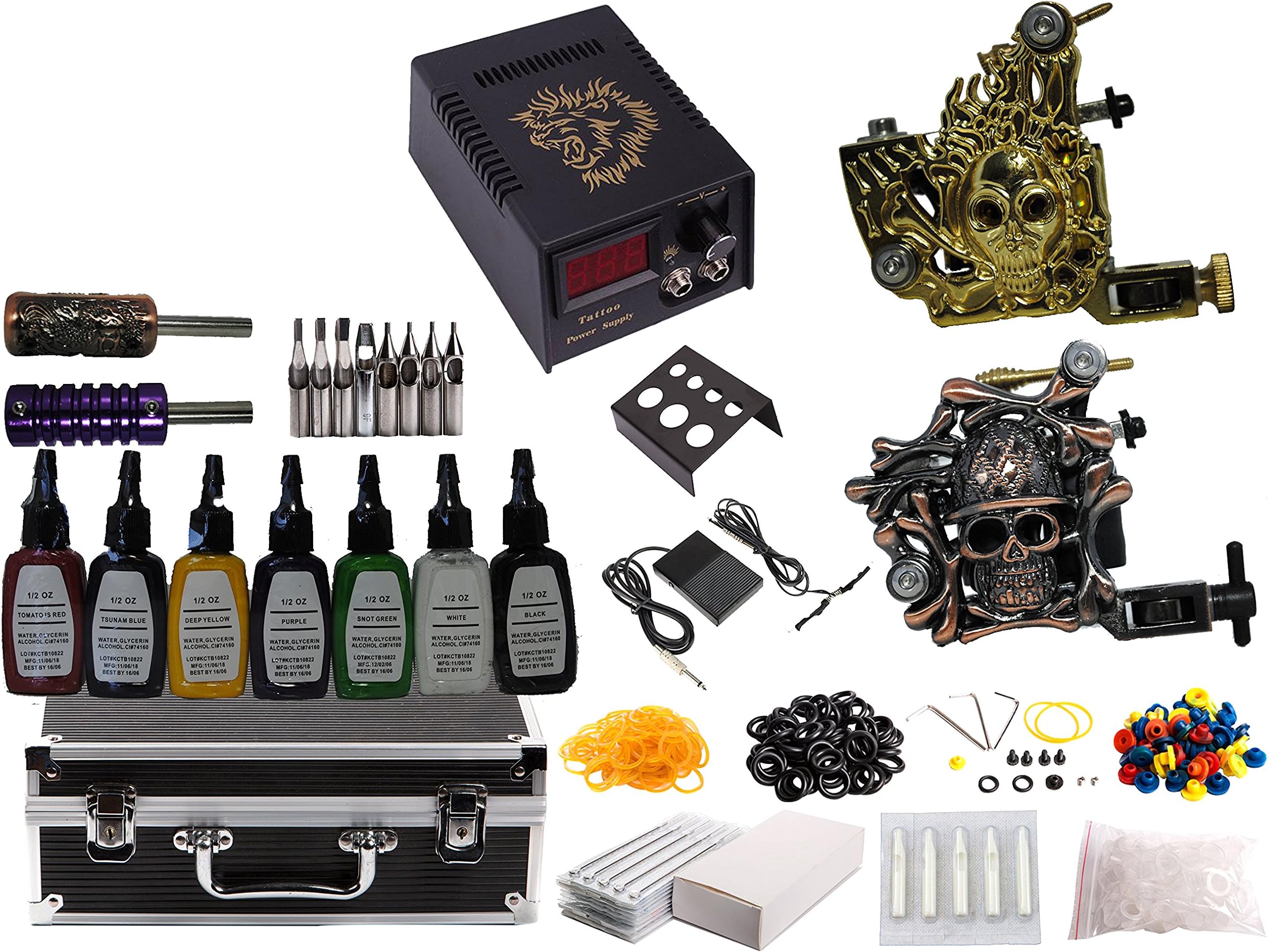 1TattooWorld Premium Tattoo Kit 2 Handmade Machine Gun Digital Power Supply Needles 7 Color 1/2 oz Inks, OTW-KK02