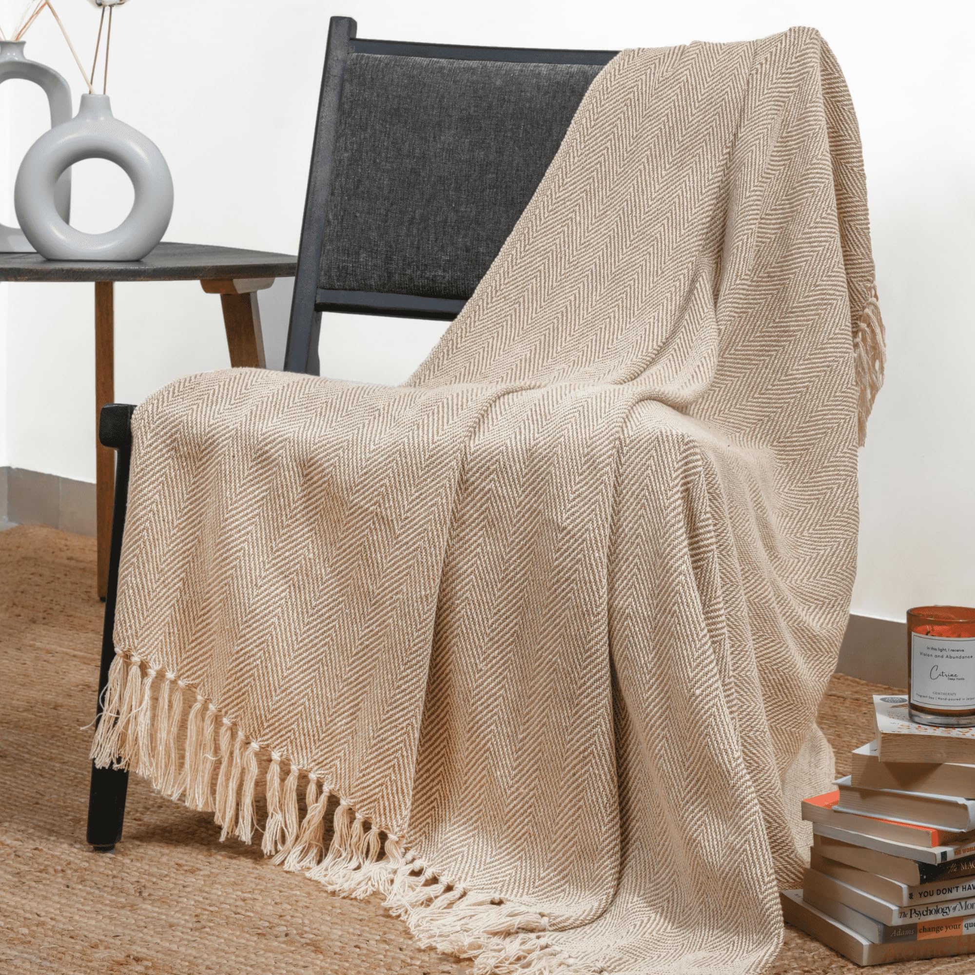 RAJRANG Tiger’s Eye Brown Throw Blanket | Reversible Cotton Sofa Throw with Chevron Pattern for Bed, Travel, Camping Bed and Outdoor Use, 152x127 cm