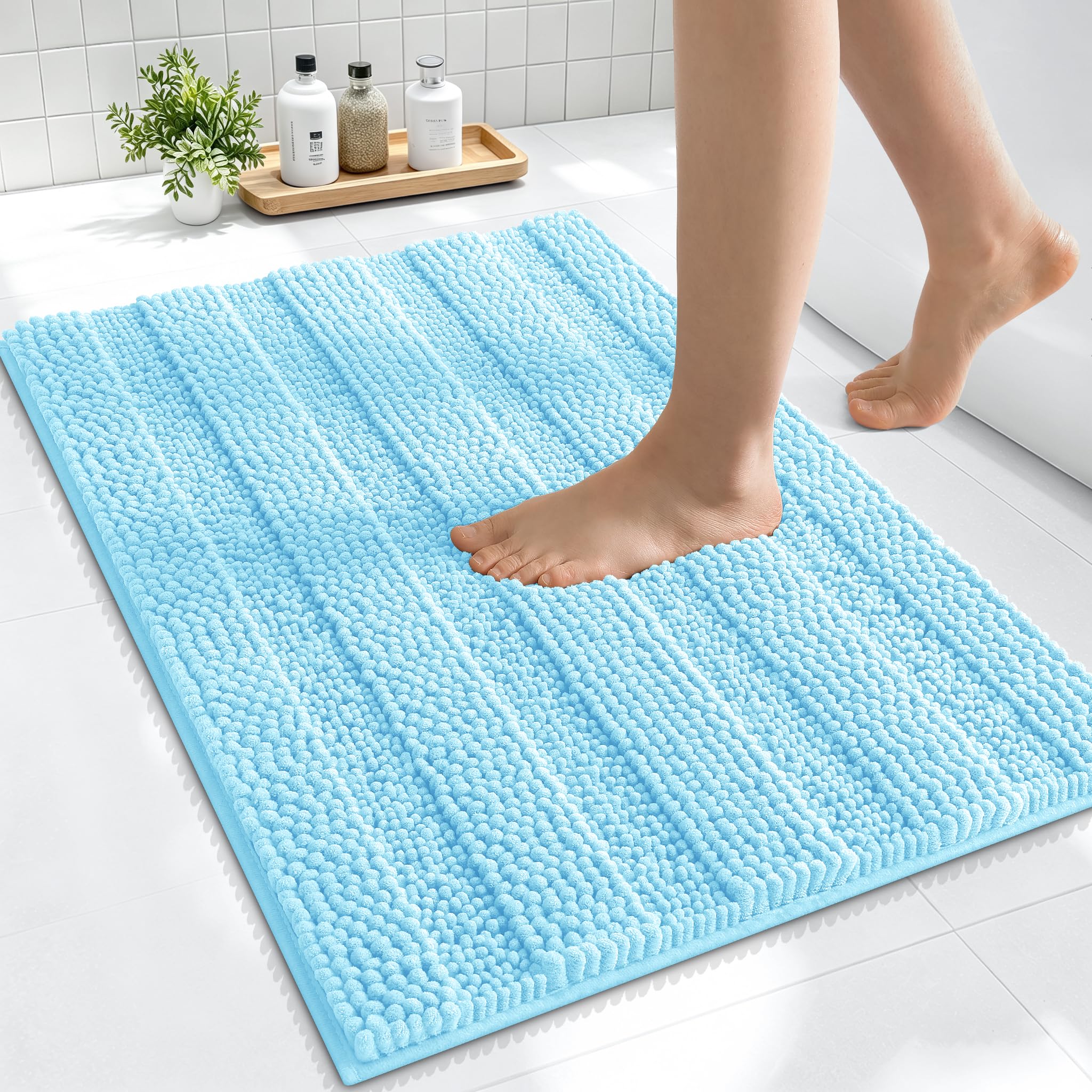 Smiry Thick Small Chenille Bathroom Rugs 24x16, Soft Bath Mat, Sky Blue