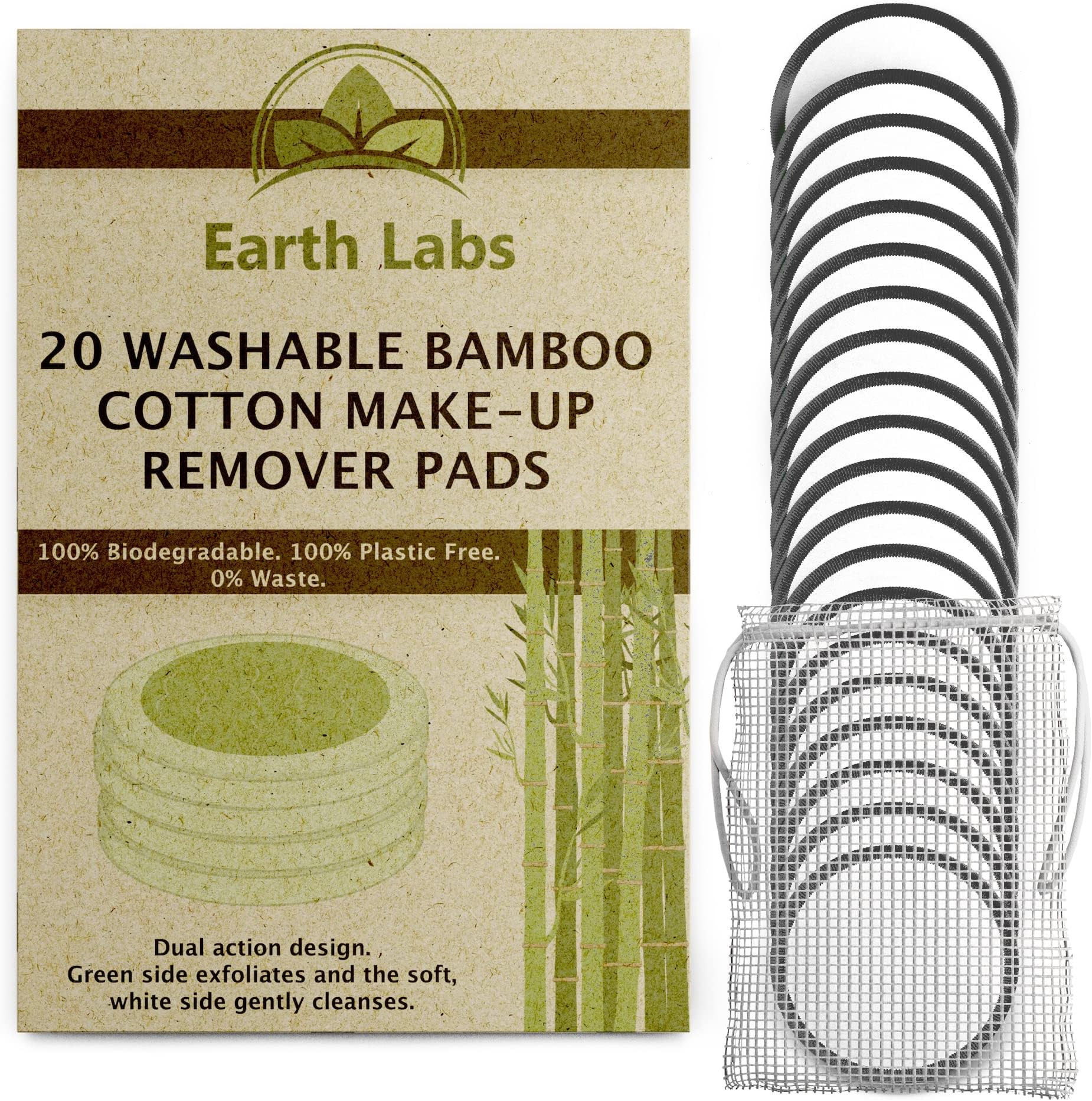 Earth Labs Reusable Cotton Pads - Pack of 20 Makeup Remover Wipes With Washable Laundry Bag | Natural Bamboo and Organic Cotton Reusable Face Cleaning Pads For All Skin Types