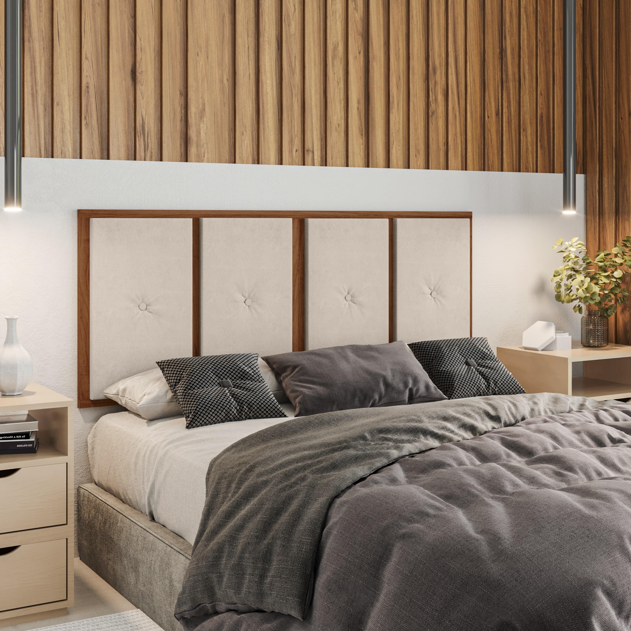 Cabeceira Painel Suspensa Madeira Estofada Suede Para Cama de Casal 1 ...