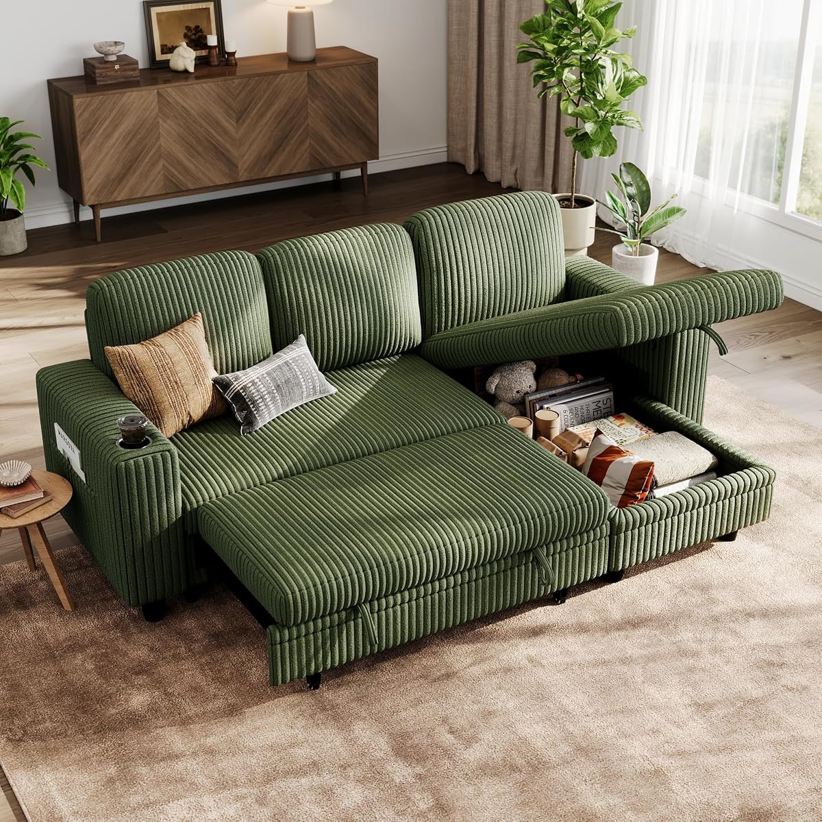 LINSY HOME Sectional Sleeper Sofa Pull Out Couches for Living Room (Green, Sleeper Sofa 1) | Pull Out Sofa Bed, Storage, USB Charging, Cup Holders, Plush Corduroy | Pull Out Sofa Bed