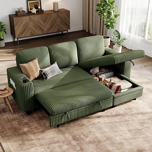 LINSY HOME Sectional Sleeper Sofa Pull Out Couches for Living Room (Green, Sleeper Sofa 1) | Pull Out Sofa Bed, Storage, USB Charging, Cup Holders, Plush Corduroy | Pull Out Sofa Bed, Storage, USB Charging, Cup Holders, Plush Corduroy, Convertible Sofa Bed
