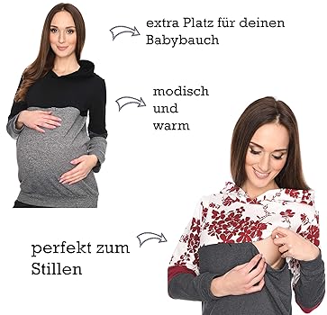Mija Umstandspullover 2in1 - Stillpullover Mit Kapuze Für Schwangerschaft Und Stillzeit