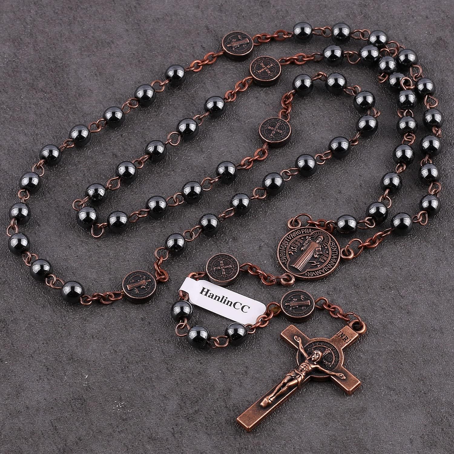 HanlinCC 6mm Hematite Stone Black Beads with Antique Copper Plated St.Benedict Center Piece Medal and Crucifix Cross Catholic Rosary Necklace for Men and Women with Black Velvet Bag - Image 6