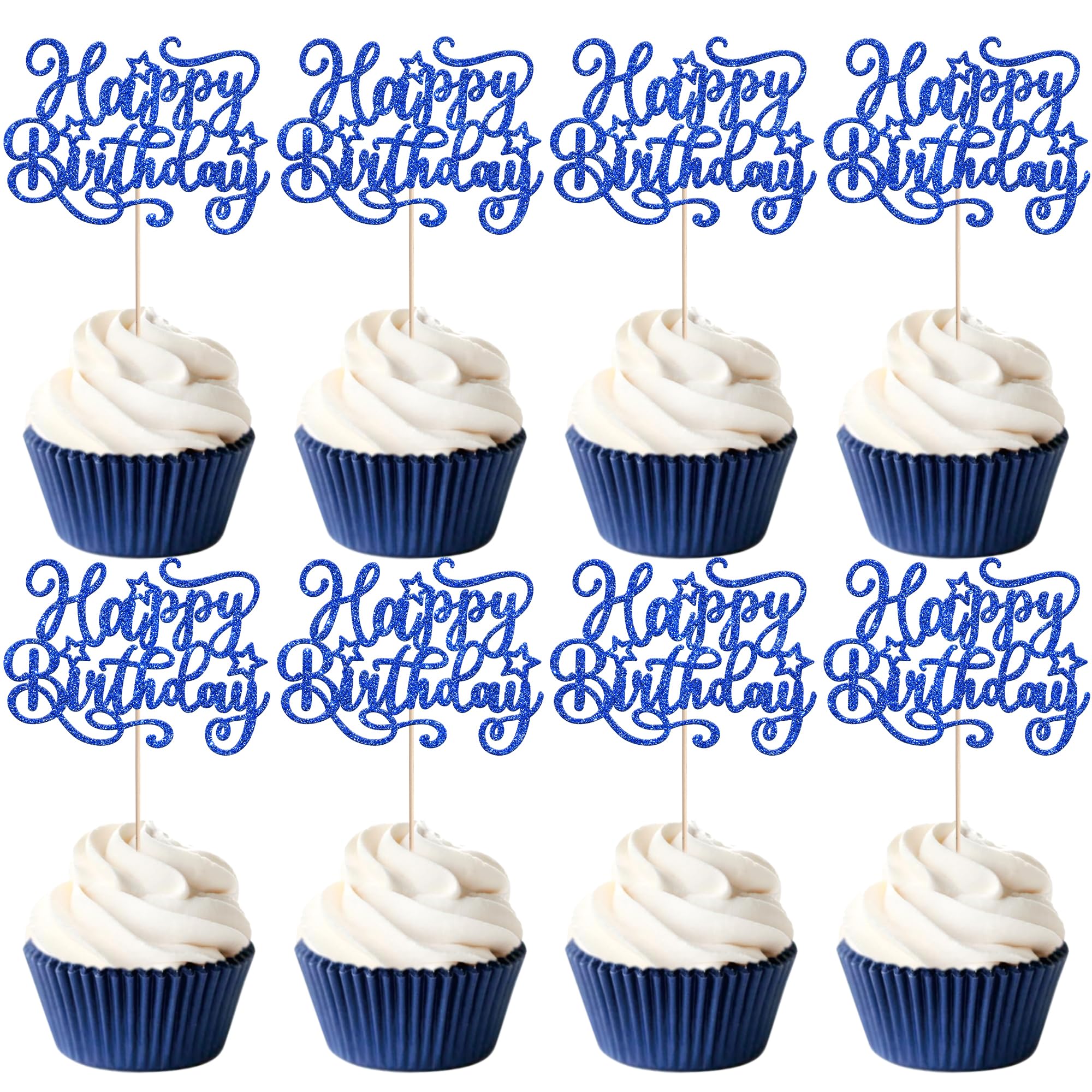 24 Pack Happy Birthday Cupcake Toppers Glitter Celebrating Birthday Cupcake Picks for Celebrating Anniversary Theme Party Cake Decorations Supplies Deep Blue — image 1