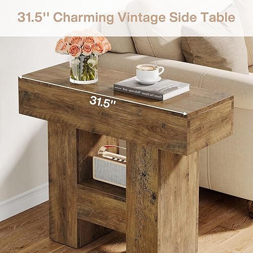 Miniatura 6 de Tribesigns Juego de 2 mesas auxiliares de granja estrechas, de 2 niveles, con almacenamiento para sala de estar, mesas laterales de madera rústica y