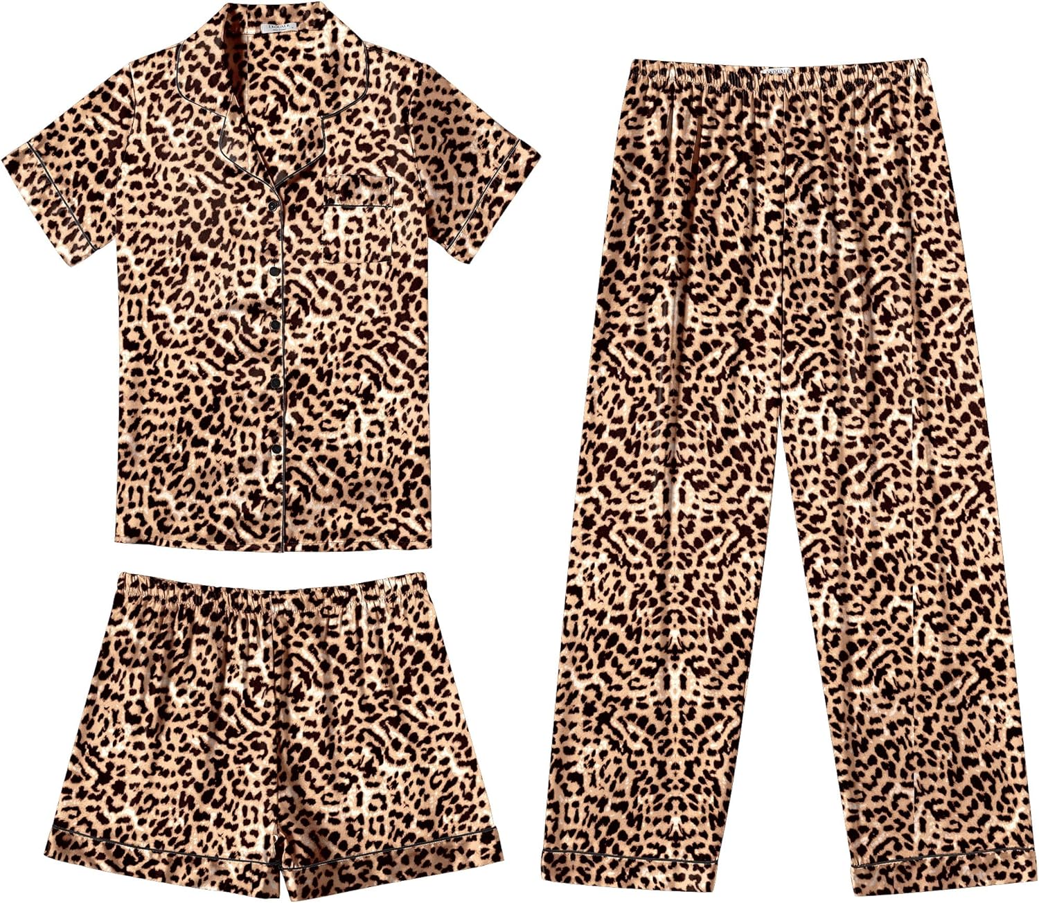 Ekouaer Silk Pajamas for Women Set Satin Pjs Soft Short Sleeve Button Down Sleepwear 3 Piece Loungewear S-XXL