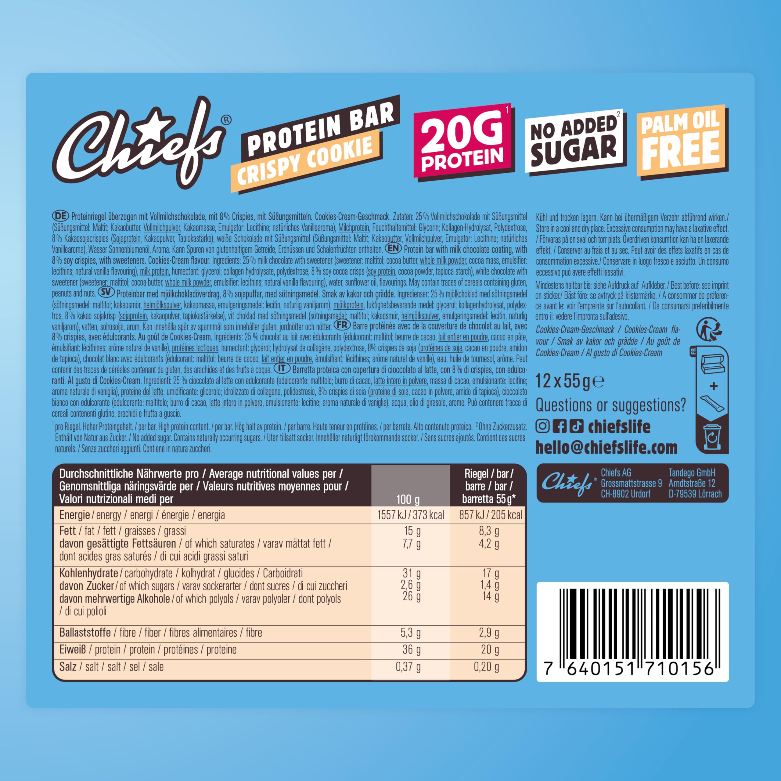 CHIEFS High Protein Riegel - knuspriger Crispy Cookie Geschmack - 12er Box - 20g Protein - perfekte Snacks ohne Zuckerzusatz - Low Sugar - 55g Eiweißriegel ohne Palmöl