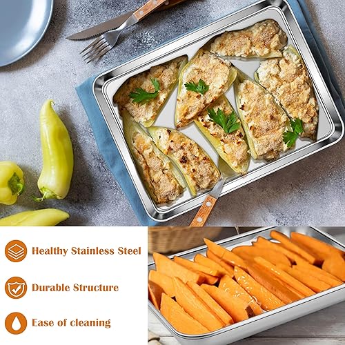 Miniatura 5 de E-far Juego de 2 bandejas pequeñas para hornear, bandejas para galletas de acero inoxidable de 10.5"x8.3", bandejas compactas no tóxicas de metal