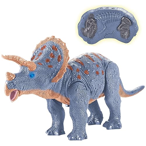 Liberty Imports Dino Planet Remote Control RC Walking Triceratops Dinosaur Toy with Shaking Head, Light Up Eyes and Sounds for Kids