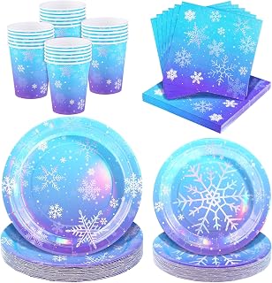 96 Pieces Frozen Iridescent Winter Snowflake Birthday Party Supplies Snowflake Tableware Set Disposable Paper Plates Cups Napkins Serve 24 Guests for Christmas Winter Wonderland Decorations