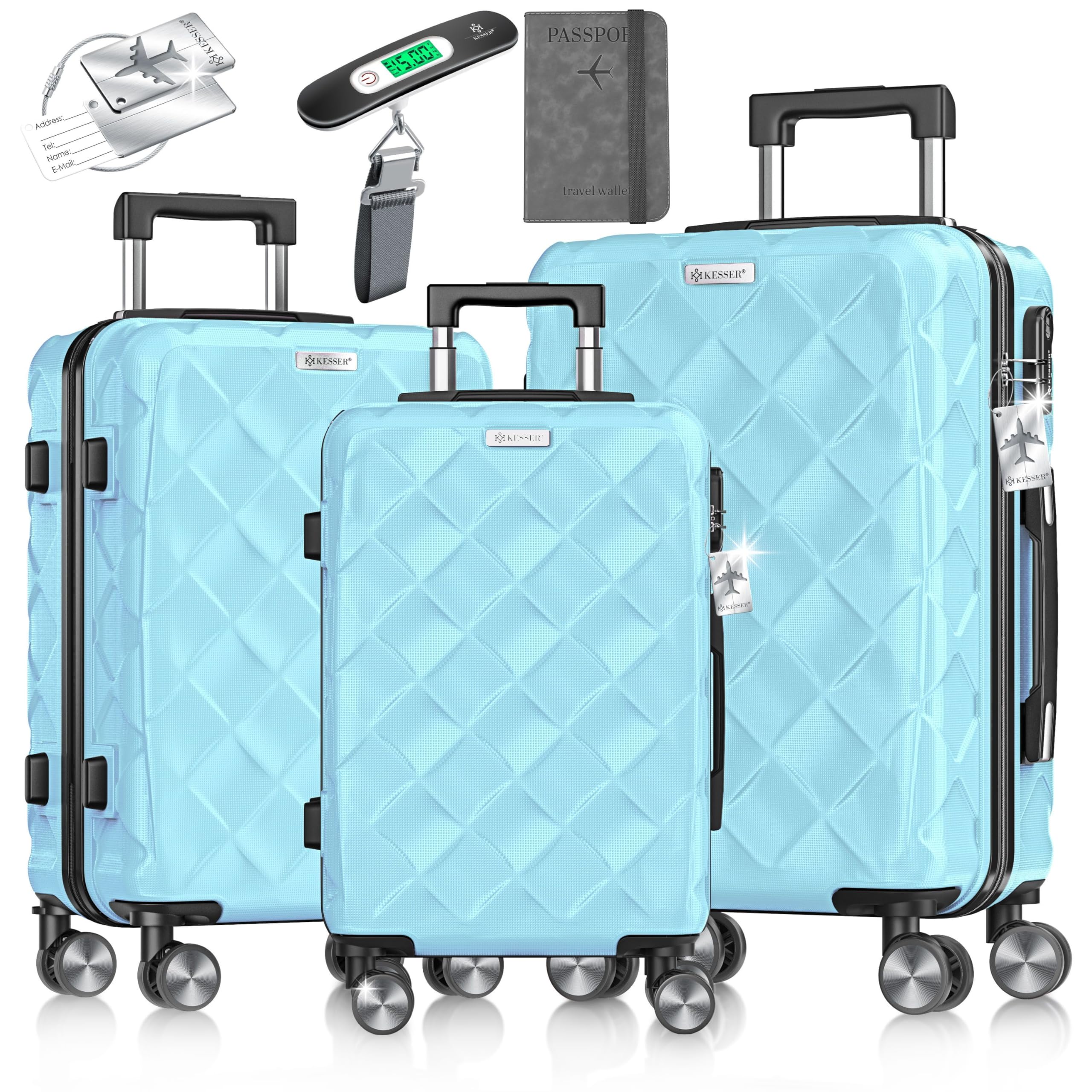 KESSER® Reisekoffer Set 3-teilig | Kofferset ABS Hartschalenkoffer mit Zahlenschloss, Kofferwaage & Reisebrieftasche 360° Rollen | Handgepäck & große Koffer für Business & Reise Trolley Sky Blue