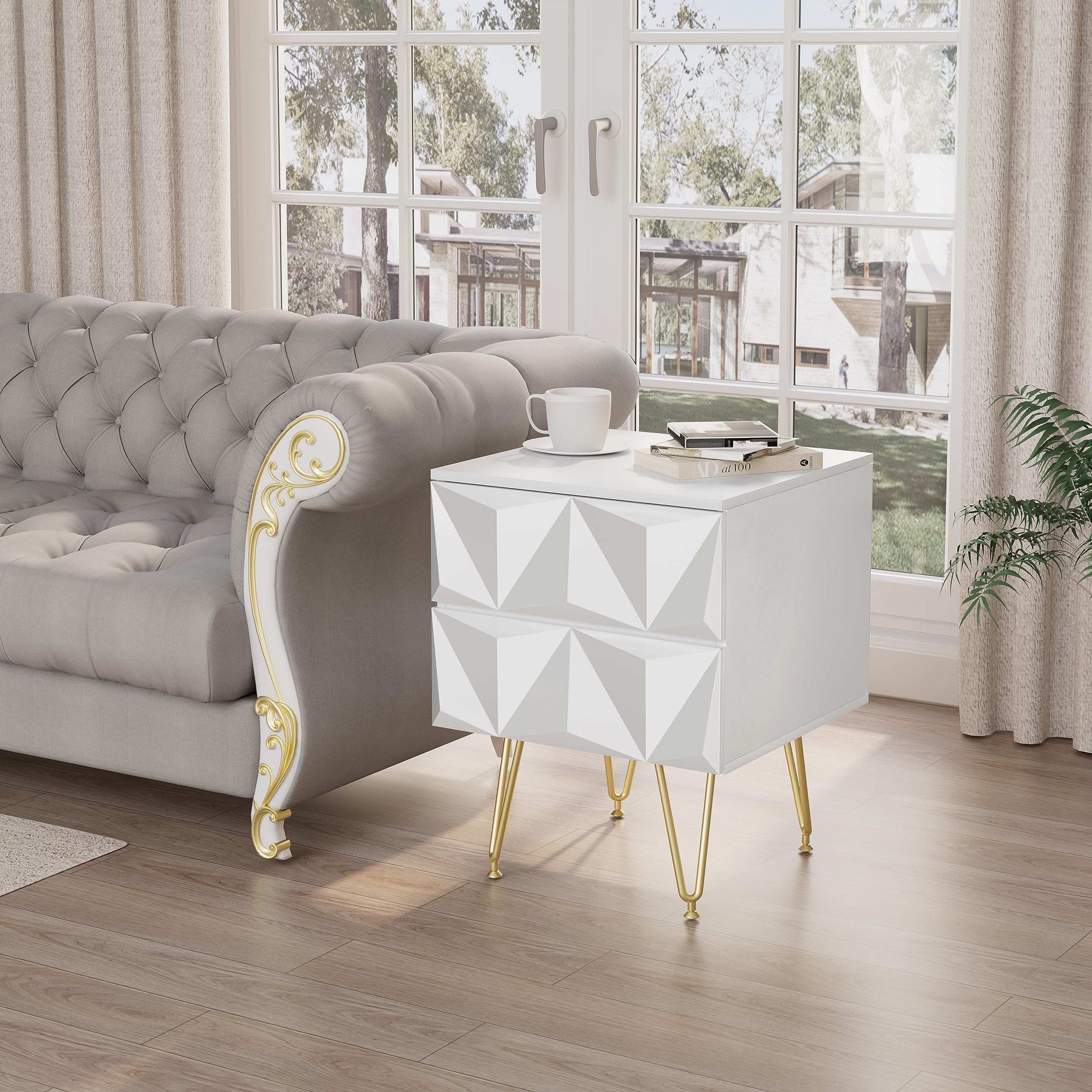 EUGAD Set di 2 Comodino per Camera da Letto, Comodino Bianco con 2 Cassetti e Gambe Dorate, 40x40x53cm, Tavolino da Salotto, Divano, Cameretta, Frontale in Rilievo, in Legno e Metallo, 0001CTG-2