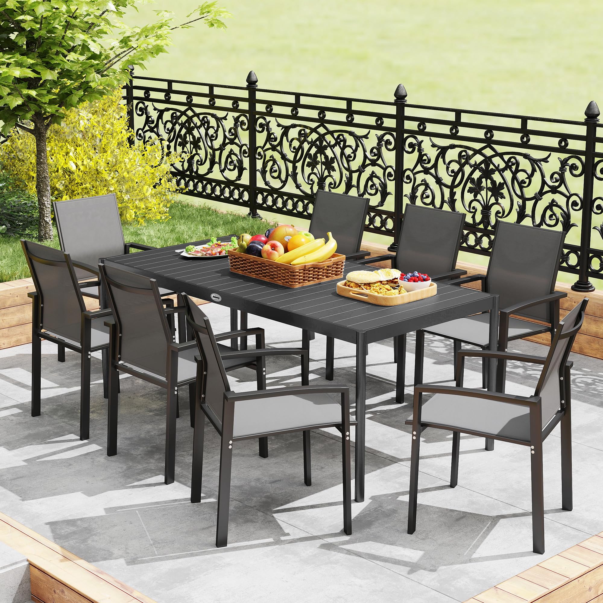 Outsunny Table à Manger de Jardin en Acier pour 8 Personnes, Plateau à Lattes Rectangulaire, Anti-Rouille, Gris Foncé
