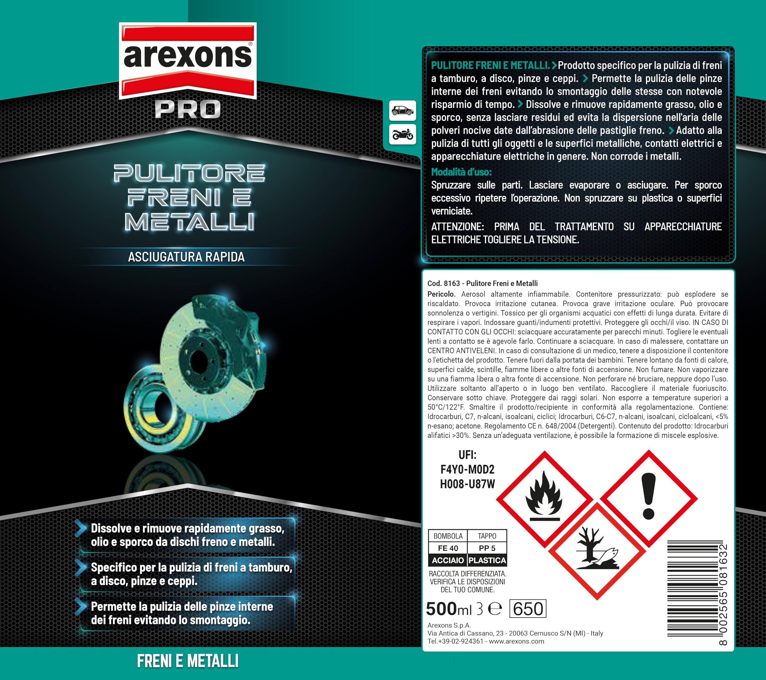 AREXONS | Pulitore Freni & metalli, Rimuove Grasso, Olio, Residui, Spray 500 ml
