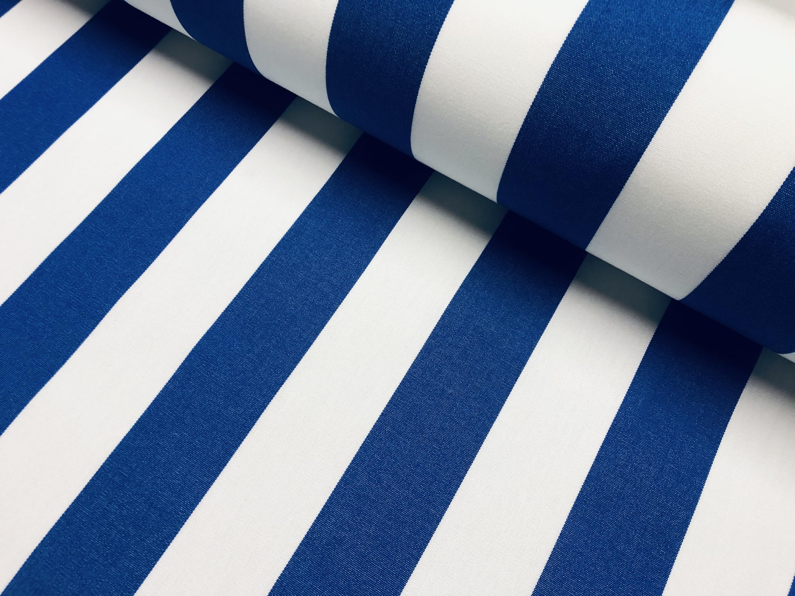 Tissu Drallon double face à rayures bleu roi et blanc – 100 % acrylique pour intérieur et extérieur pour tables, coussins et fêtes – 160 cm de large (2 mètres)