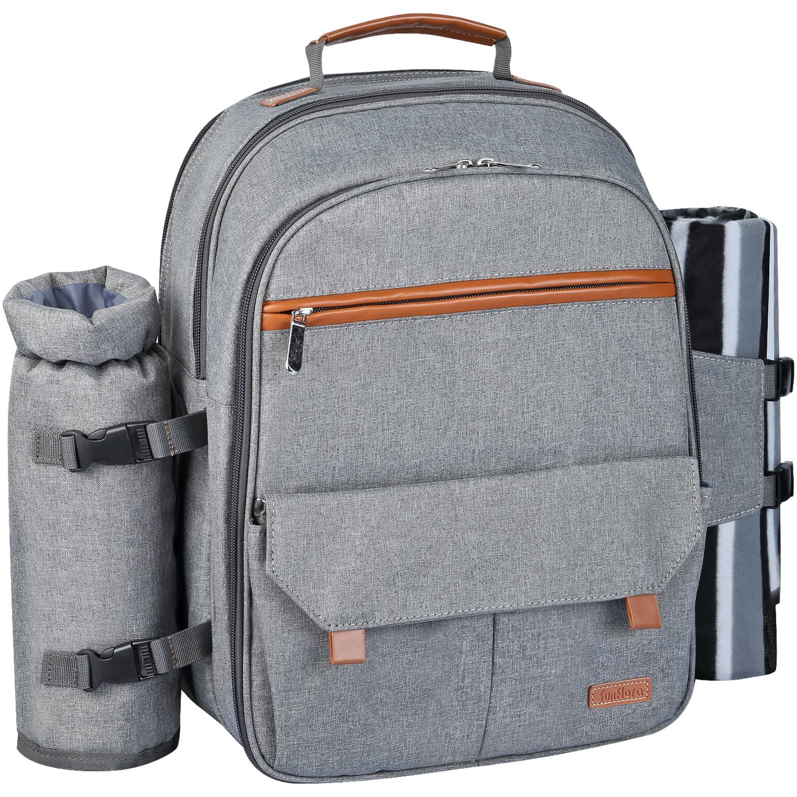 Sunflora Insulated Picnic Backpack for 2 People with Cooler Compartment, Wine Pouch, Blanket and Cutlery Set Stainless Steel (Grey)