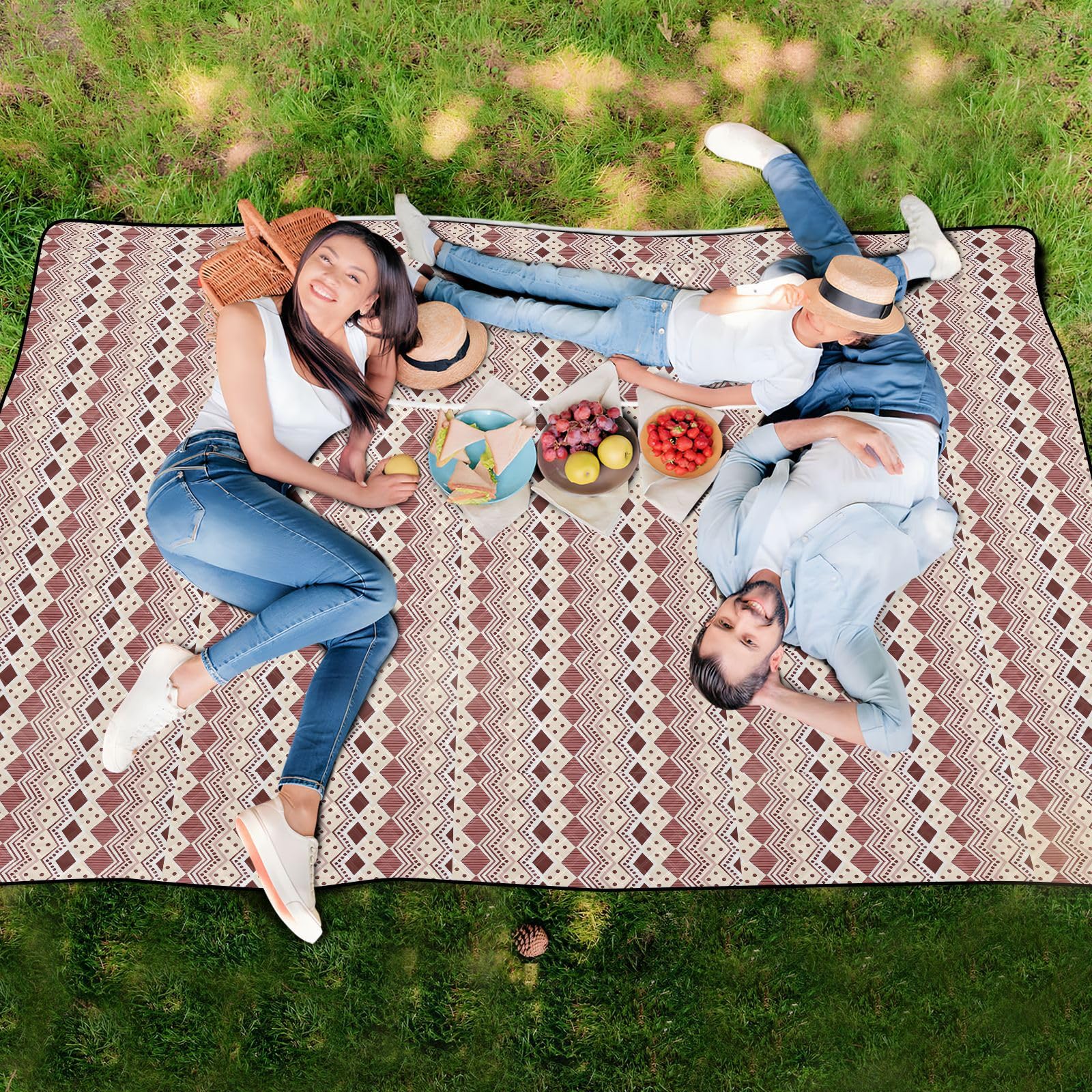 Coperte da picnic impermeabili per interni ed esterni, tappetino da campeggio per adulti, articoli da picnic, stile bohémien, retrò, rosso, caffè, picnic